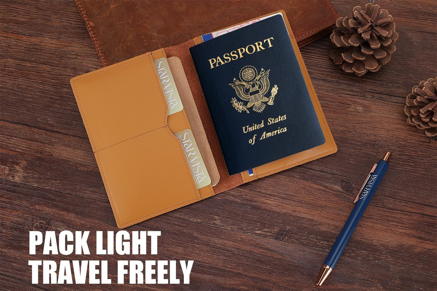 STAR VISTA Albatross Leather Travel Passport Holder, Minimalist Design, Calfskin Leather Case for Women and Men - Slim Passport Wallet, Bifold, RFID Blocking, with AirTag Holder, Honey