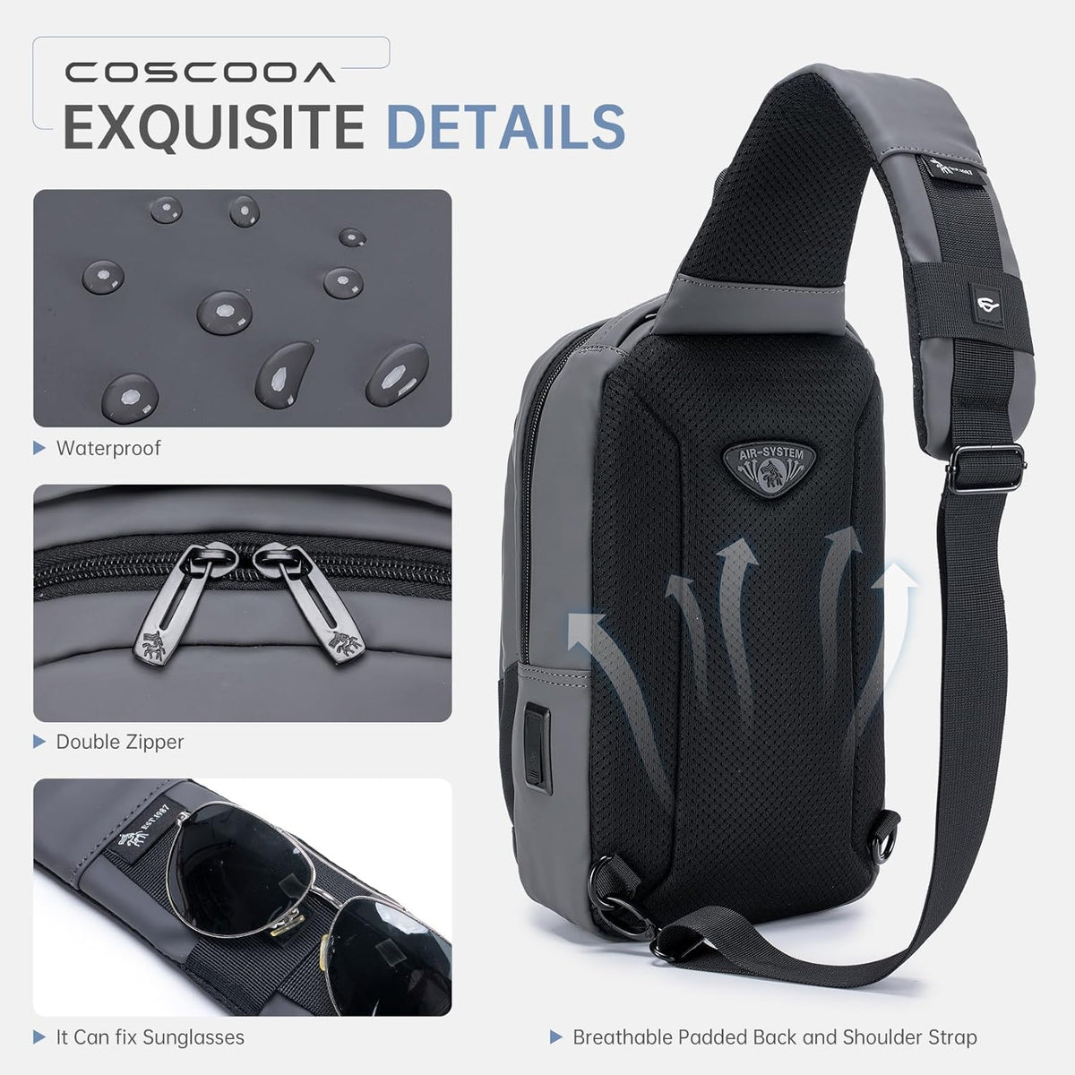 Sling Bag for Men, Anti-theft Crossbody Bag with USB Charging Port, PU Leather Shoulder Bag for Women Travel Outdoor Casual Sports Daypacks