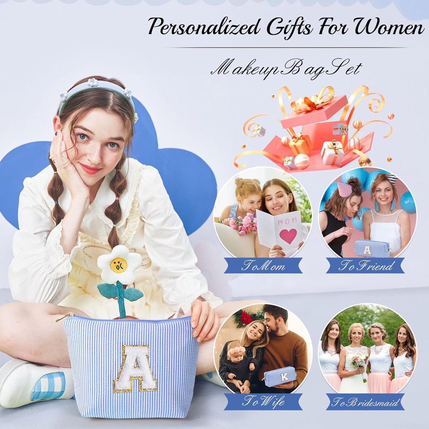 YOOLIFE Personalized Makeup Bag for Women, Initial Make Up Bag Travel Makeup Bag for Women Mom Birthday Gifts Cosmetic Bag Makeup Bag Birthday Gifts for Women Niece Gifts Teen Girl Gift for Her E