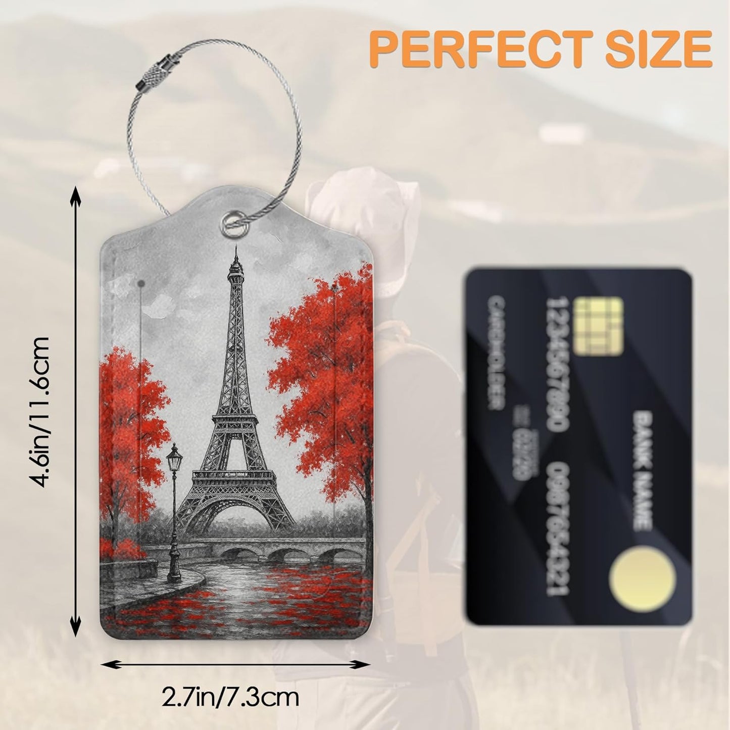 Eiffel Tower Paris 3 PCS PU Leather Luggage Tags for Suitcase, Luggage Tag with Privacy Flap, Name ID Label and Metal Loop for Women Men Baggage Handbag School Bag Backpack