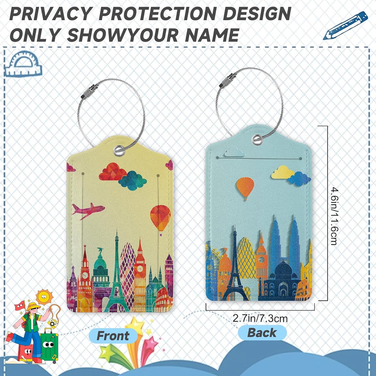 Travel Luggage Tags, 2 Pack Travel Cruise Tags for Suitcases, Cute Identifiers with Privacy Flap, Baggage Tags for Women Men Handbag