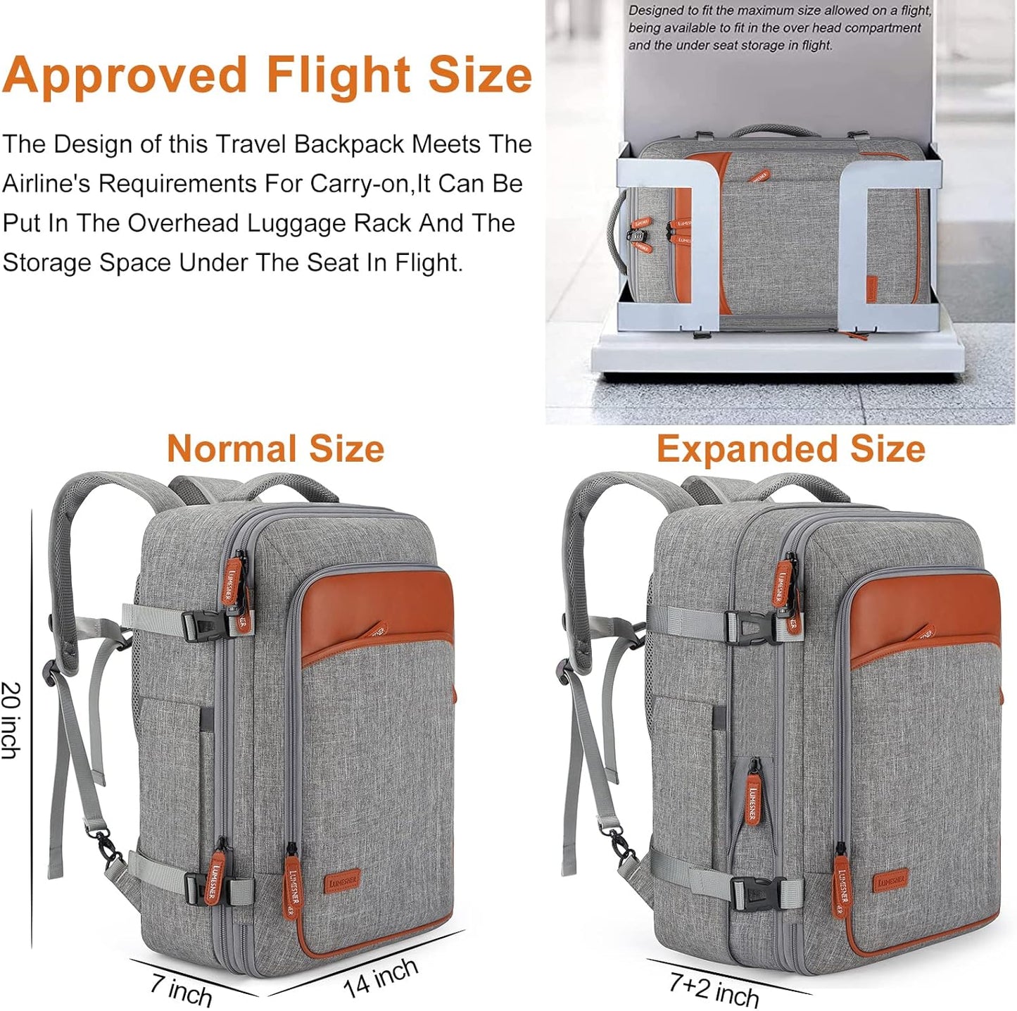 Carry on Travel Backpacks, Extra Large 40L Flight Approved Bag for Men & Women,Expandable Suitcase Backpack With 4 Packing Cubes,Water Resistant Luggage Daypack Business Weekender Bag,Grey