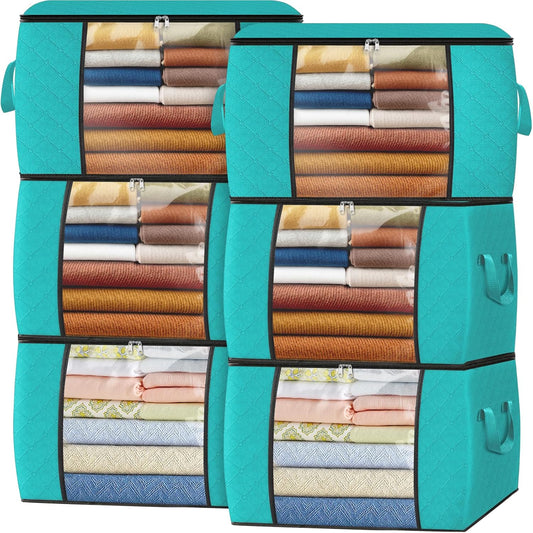 Fab totes 24 Gallons Clothes Storage, Foldable Thick Fabric Blanket Storage Bags, Containers for Organizing Bedroom, Closet, Clothing, Comforter, Organization with Handle (6 Pack,Green)