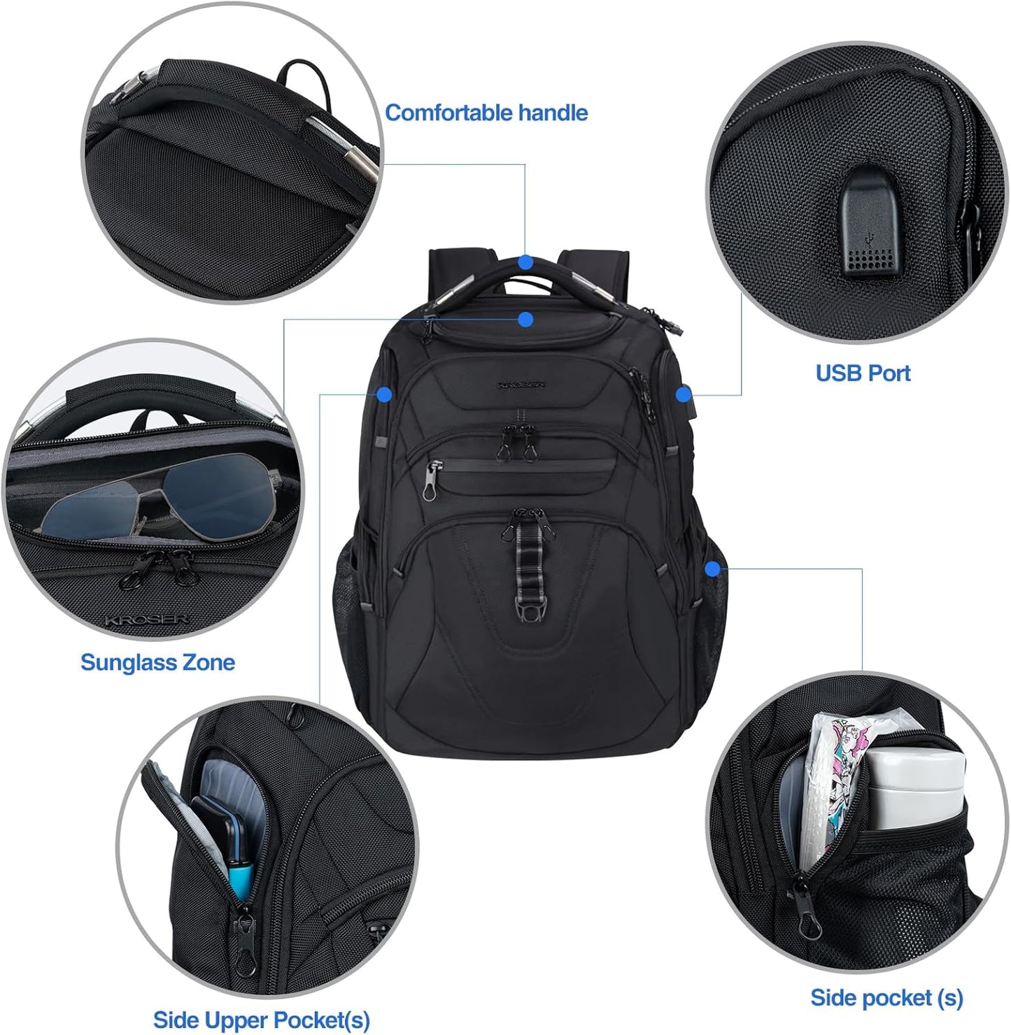 KROSER TSA Friendly Travel Laptop Backpack 18.4 inch XXXL Gaming Backpack Water-Repellent College Daypack Business Backpack with RFID Pockets & USB Port for Men/Women-Black