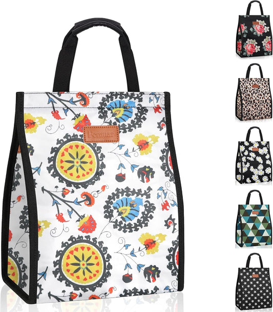 Lunch Bags for Women Insulated Reusable Lunch Tote with Internal Pocket, Lunch Tote bag for Work (Colorful Flowers)