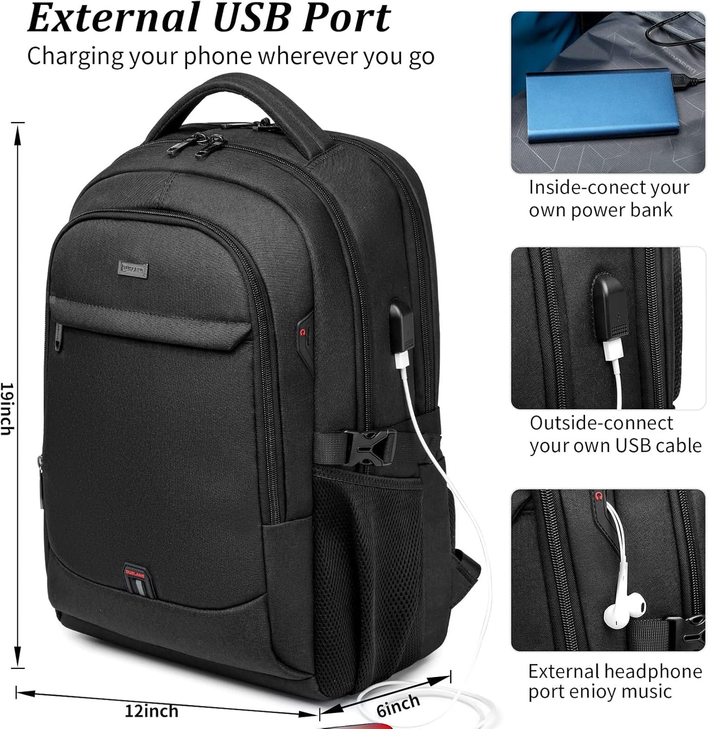 DUSLANG 17 Inch Laptop Backpack for Travel with Backpack Rain Cover College Backpack for Men Laptop Bag with USB Charging Port,Black