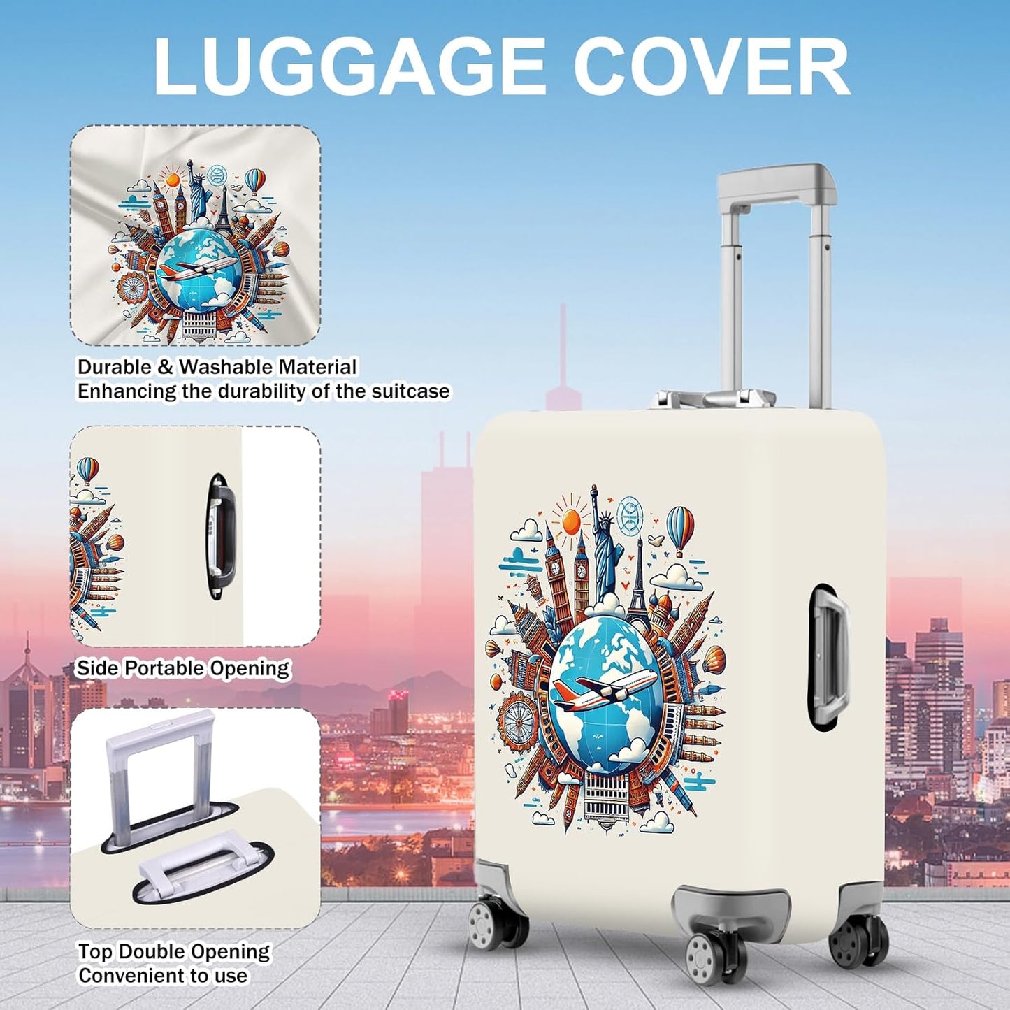 ANNA QUEEN Travel Around the World Luggage Cover, Colorful Landmark Suitcase Protector with Airplane & Globe Design, Stretchable, Washable Travel Sleeve for 20-22 Inch Luggage
