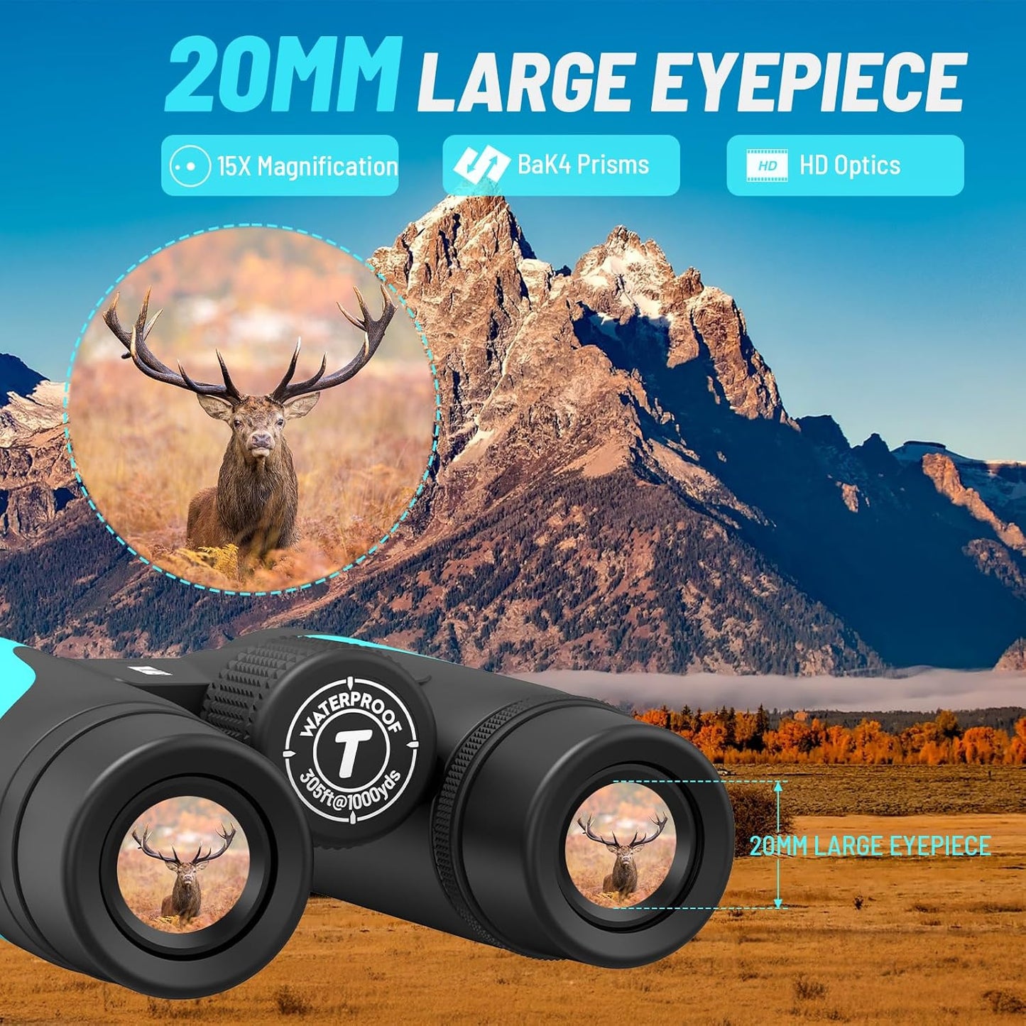 15x55 HD Binoculars for Adults – High Powered Large View, BAK4 Prism, Waterproof & Lightweight for Bird Watching, Hiking, Travel, Cruise, Sports with Phone Adapter (Blue)