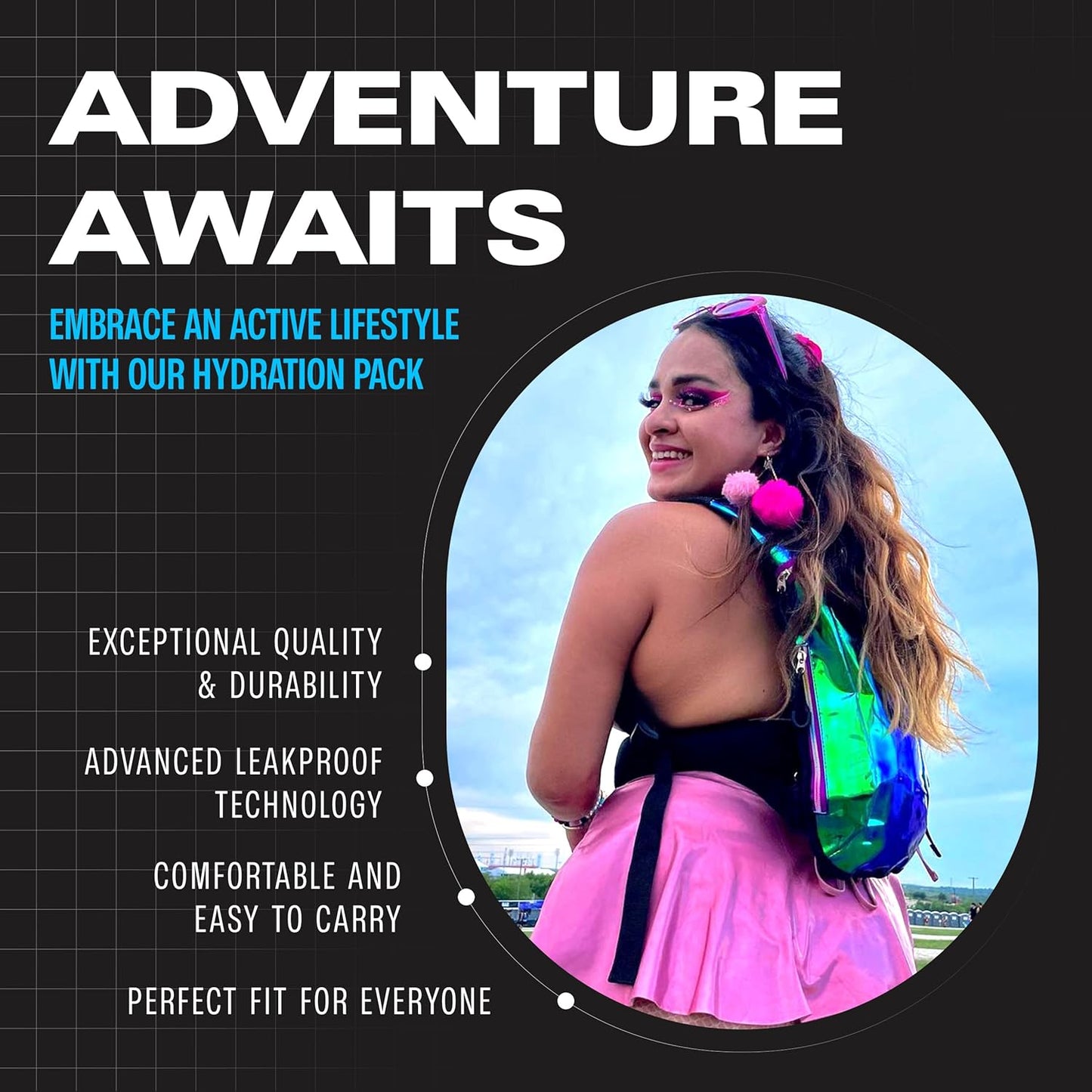 Sojourner Rave Hydration Pack - Hydration Backpack - Hydropack with 2L Bladder - Water Backpack for Festivals, Hiking, Running, Biking and More
