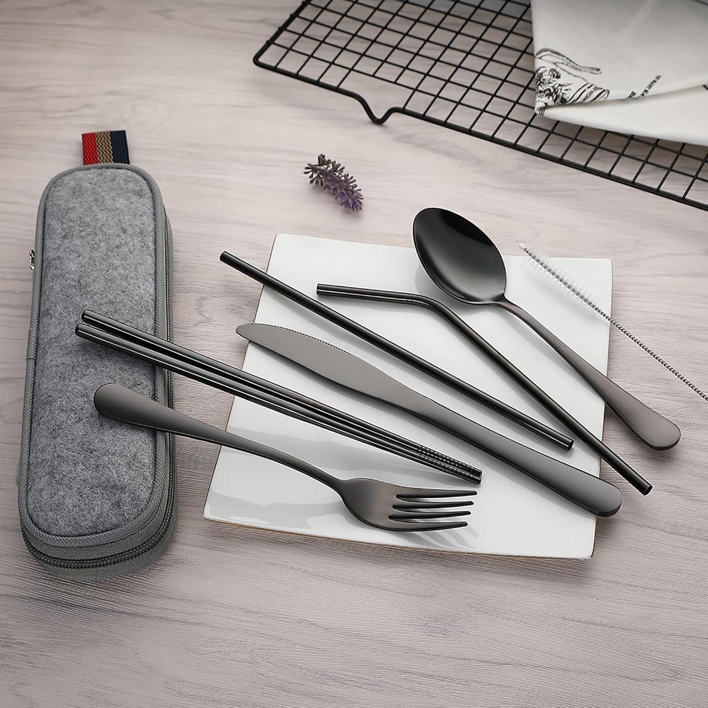 DEVICO Portable Utensils, Travel Camping Cutlery Set, 8-Piece including Knife Fork Spoon Chopsticks Cleaning Brush Straws Portable Case, Stainless Steel Flatware set (Black)