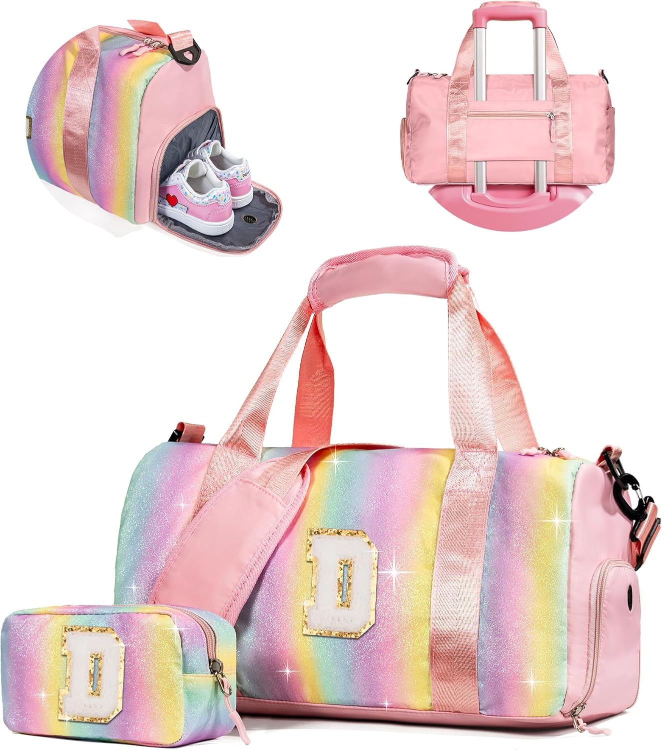 Cute Preppy Gifts for Girls-Girl Gym Bag with Shoe Compartment, Kid Personalized Weekender Overnight Bags, Initial Travel Tote with Makeup Pouch, Chenille Gift for Teen (Letter D)
