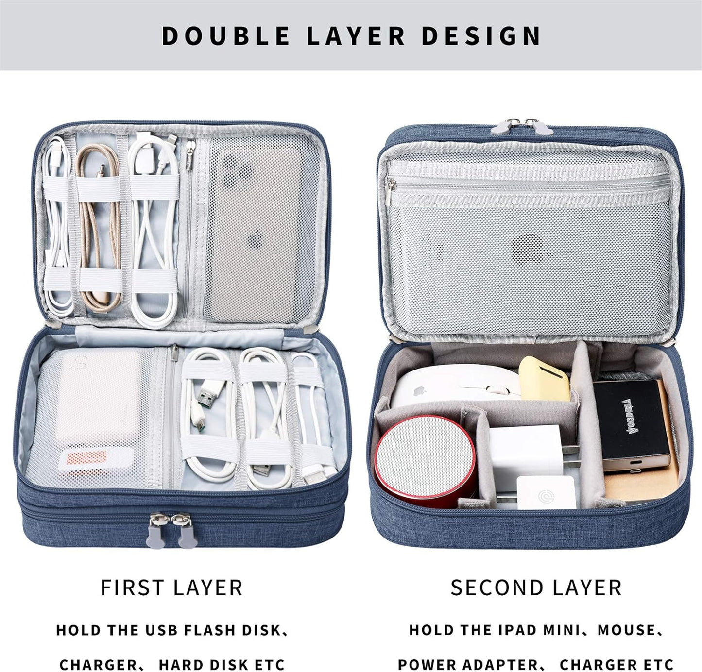 MIRLEWAIY Travel Cord Cable Organizer, Portable Electronics Accessories Carrying Bag Storage Case for Dad's Day Hard Drives, Cable, Cord, Charger, Hard Drive, Earphone, Dark Blue