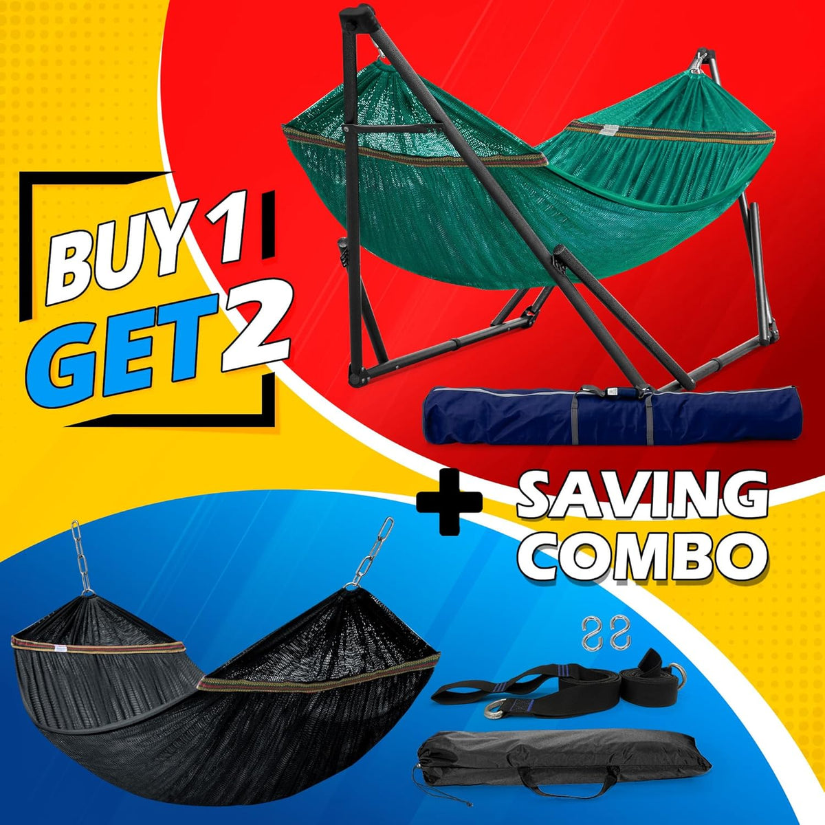 Tranquillo Combo x2 Hammocks with Stand for Outside & Tree Straps, Heavy Duty Hammock with Stand 600lbs for Indoor Outdoor Patio Backyard, x2 Hammocks for 2 Person, Portable Carrying Bags, Peacock