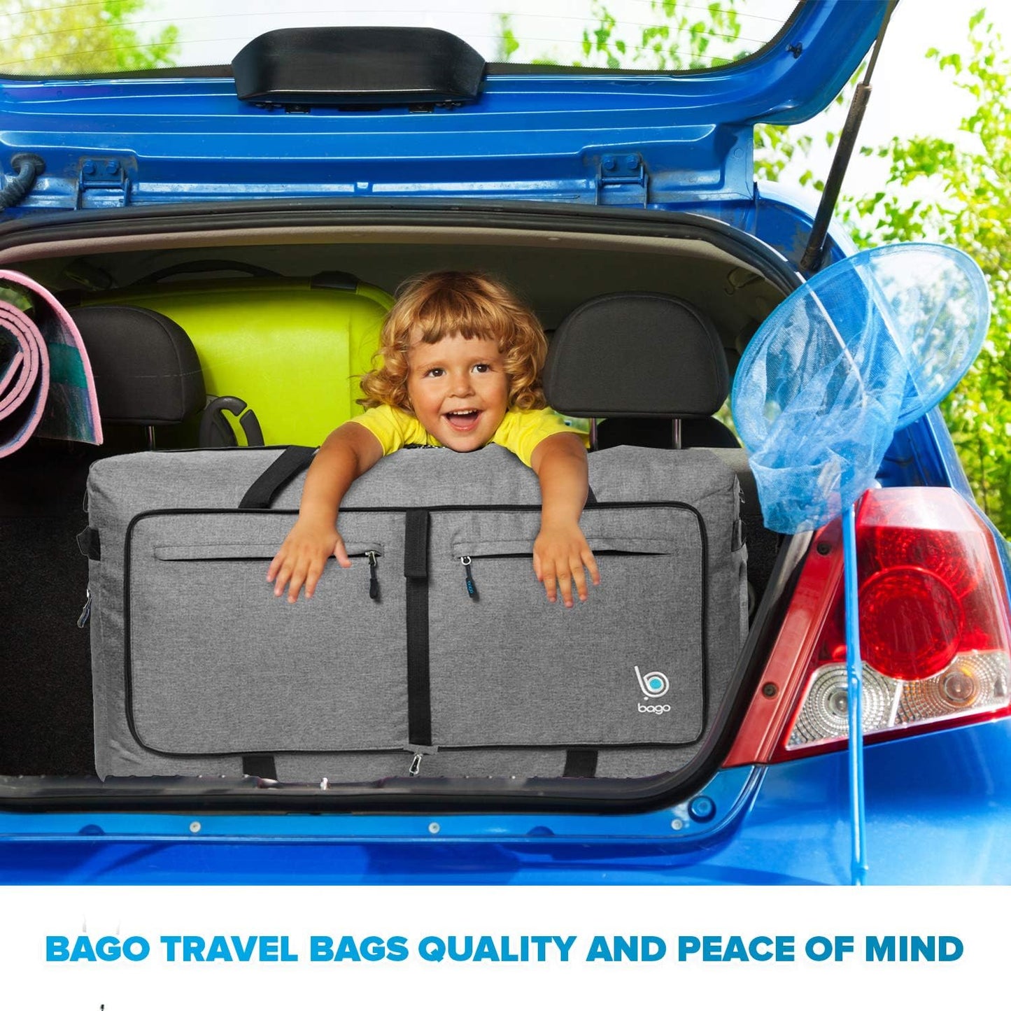 Bago Large Foldable Duffel Bags for Traveling Women & Men - 120L Packable Duffle Bag for Travel with Shoe Compartment - Water Repellant, Heavy Duty, Lightweight Folding & Collapsible (SnowGray)