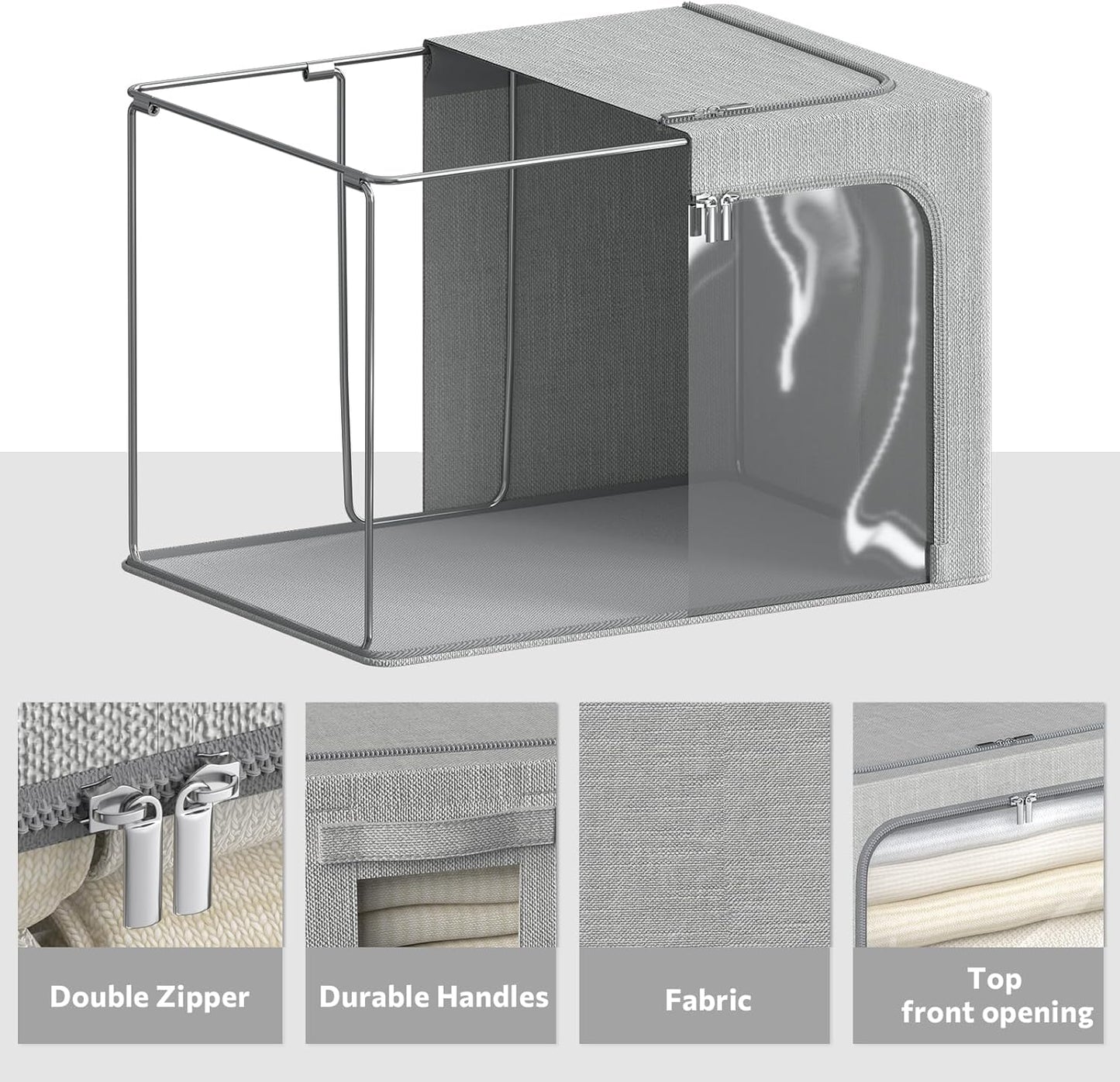 4 Pack Clothes Storage Bins with Metal Frame - Linen Fabric Foldable Stackable Container Organizer Set with Clear Window & Carry Handles & Zippers (Light Grey, 19.7"x15.7"x13")