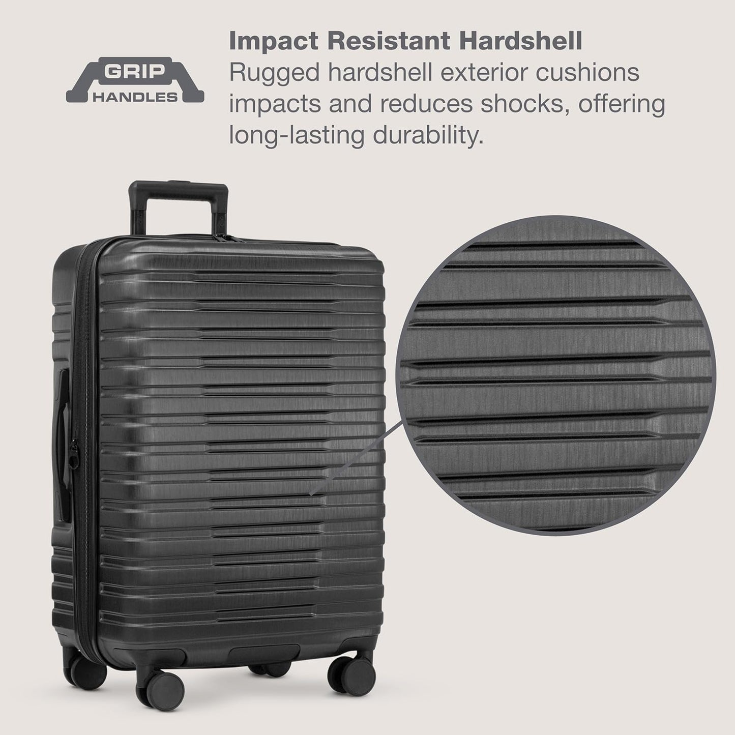 U.S. Traveler Boren Polycarbonate Hardside Rugged Travel Suitcase Luggage with 8 Spinner Wheels, Aluminum Handle, Black, 2-Piece Set, USB Port in Carry-On
