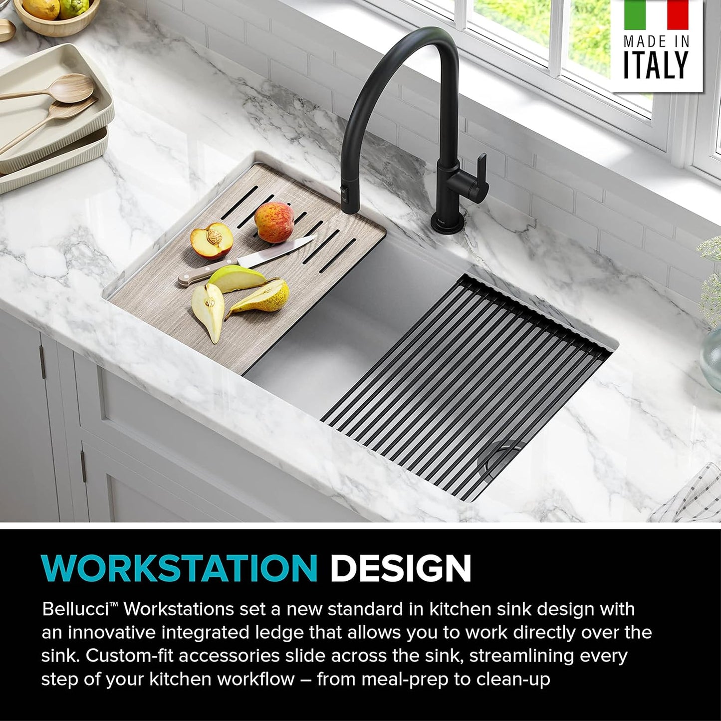 Kraus KGUW1-33WH-100-100, Bellucci Workstation 32 in. Undermount Granite Composite Single Bowl Kitchen Sink in White with WasteGuard 1 HP Continuous Feed Garbage Disposal and Accessories