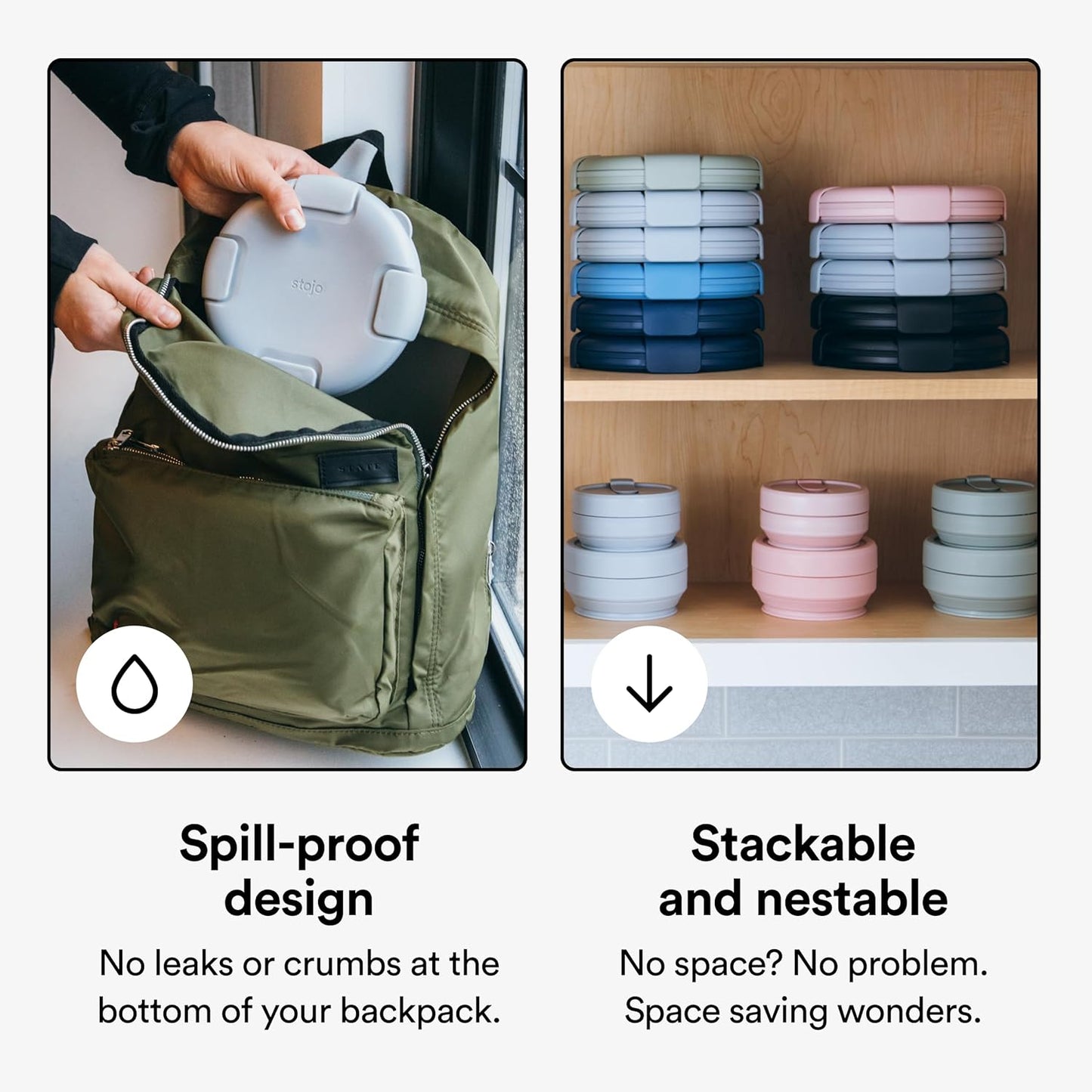 STOJO Collapsible Bowl 5 Set - Steel, 36oz - Reusable Silicone Bowl for Hot and Cold Food - Perfect for Travel, Meal Prep, To-Go Lunch, Camping & Hiking - Microwave & Dishwasher Safe