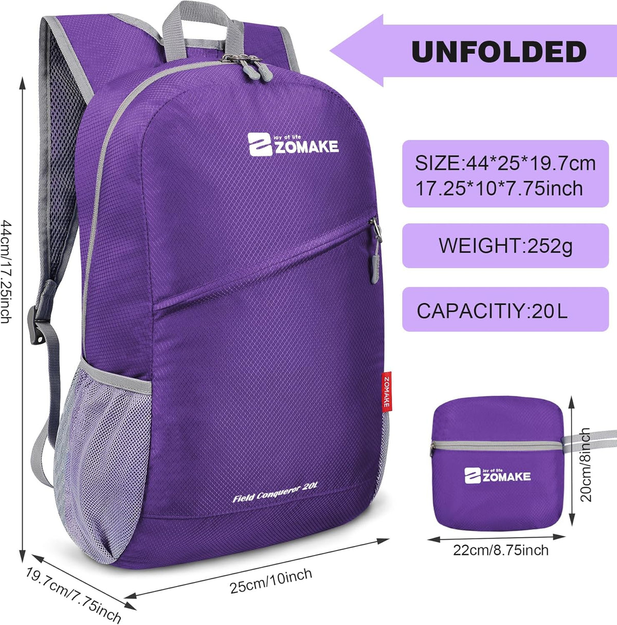 ZOMAKE Lightweight Packable Backpack 20L, Foldable Backpacks Small Daypack for Hiking Water Resistant Day Bag for Travel