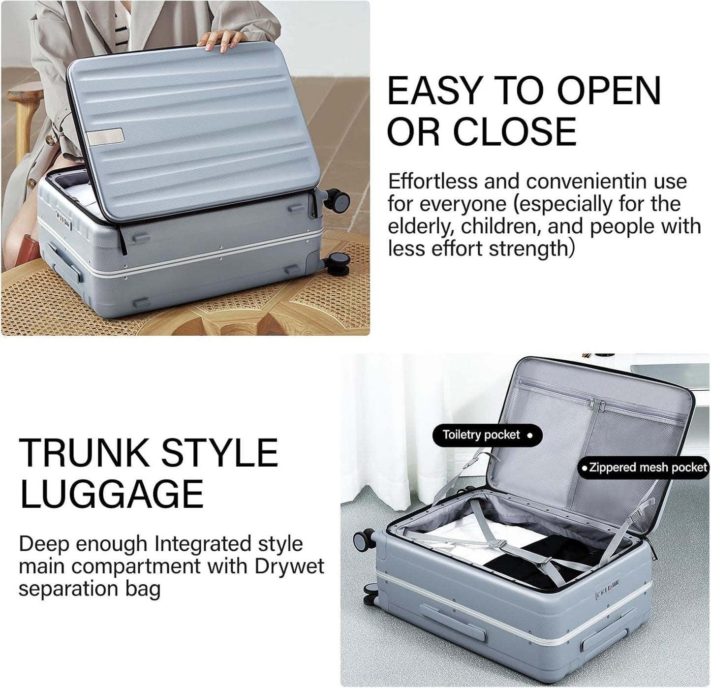 Hanke 26 Inch Large Checked Luggage PC Hard Shell Luggage Top Opening Travel Luggage Suitcases with Wheels for Woman Men.(Grey)
