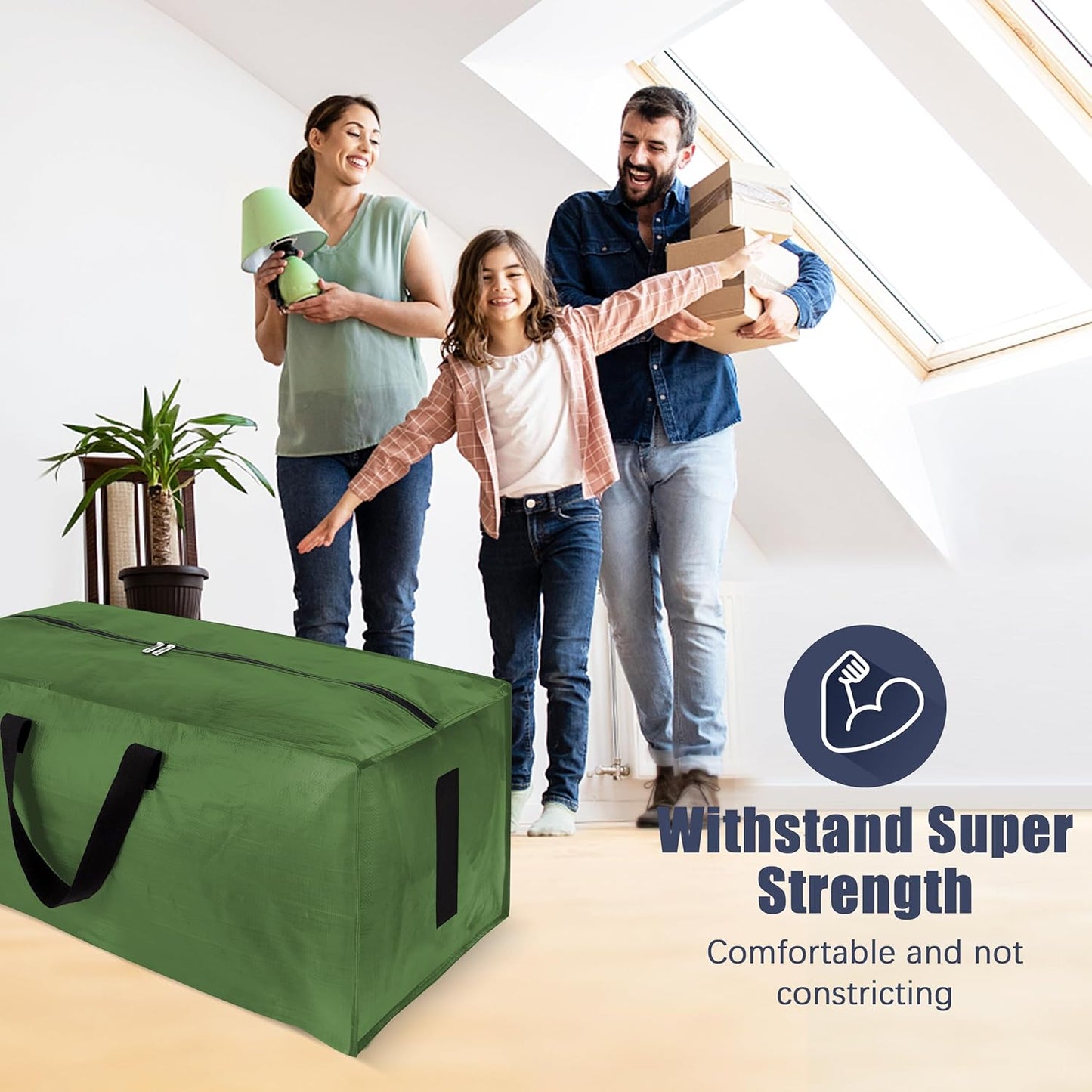 8 Pack Large Strong Moving Bags with Zippers & Carrying Handles - Water-Resistant - Heavy Duty Storage Tote for Space Saving, Fold Flat, Alternative to Moving Box (Olive Green)