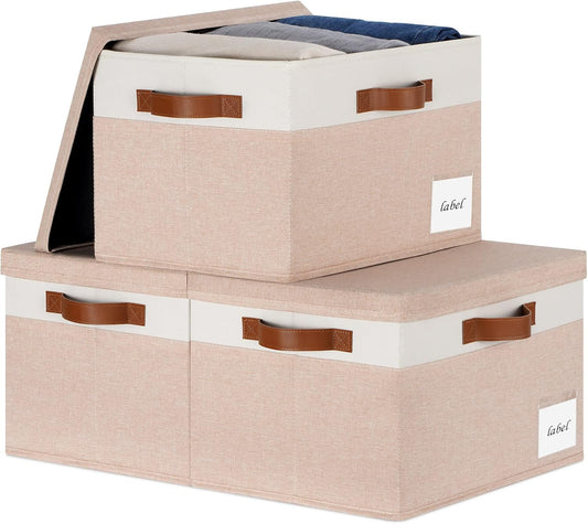 Large Storage Bins with Lids, Foldable Fabric Storage Baskets with Lids, Sturdy Storage Boxes with Labels and 3 PU Handles for Closet Home Bedroom Office (26L, 3 Packs, Pink&White)