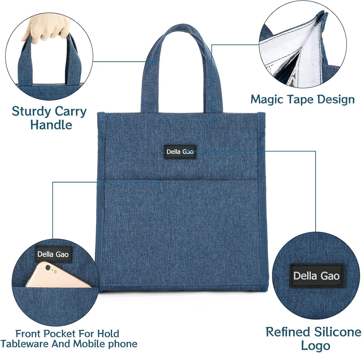 Della Gao Insulated Lunch Bag for Women Men, Waterproof Small Lunch Tote Lunch Box, Reusable Lunch Bags for Work, Party, Travel and Picnic (Blue)
