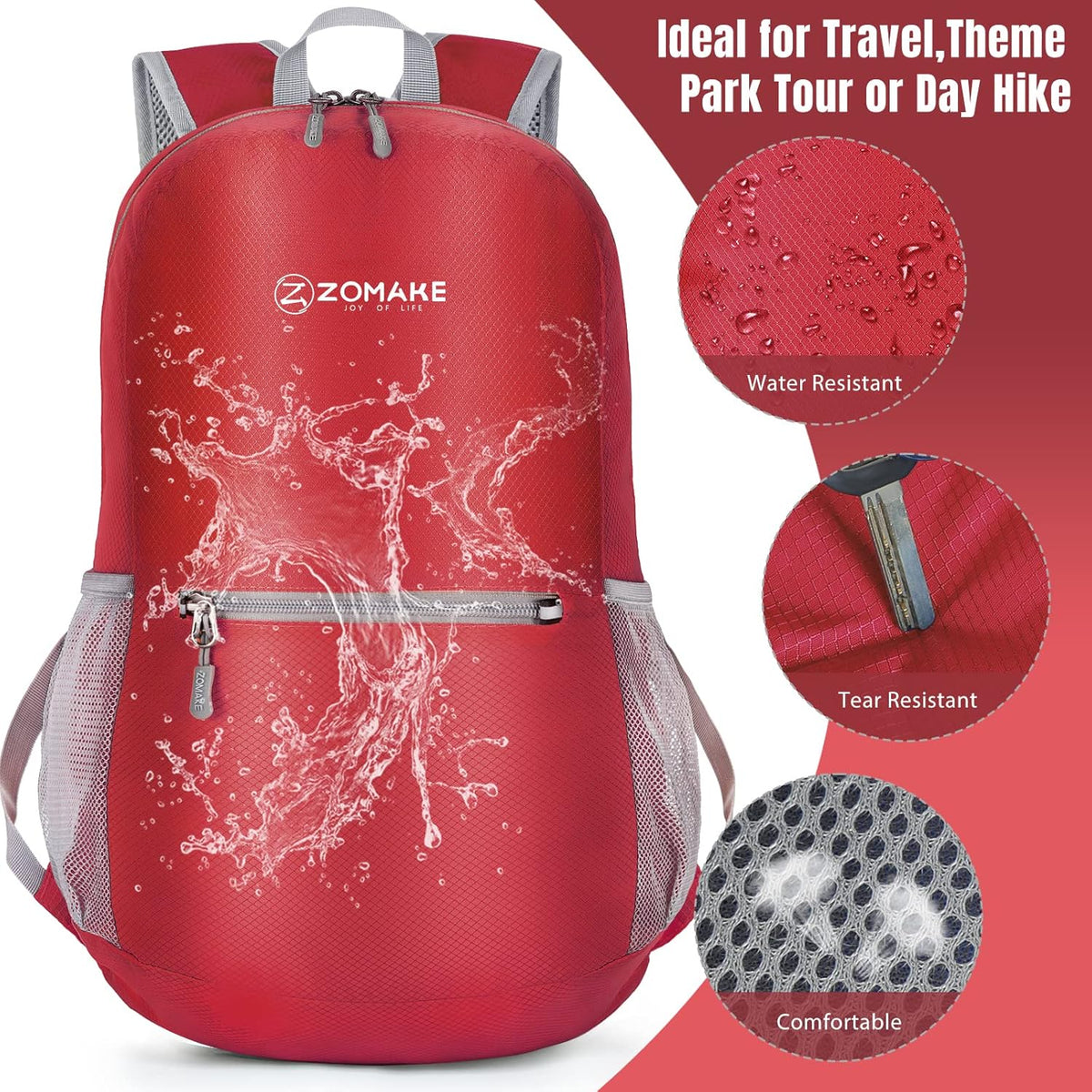 ZOMAKE Ultra Lightweight Hiking Backpack 20L, Packable Small Backpacks Water Resistant Daypack for Women Men(Bright Red)