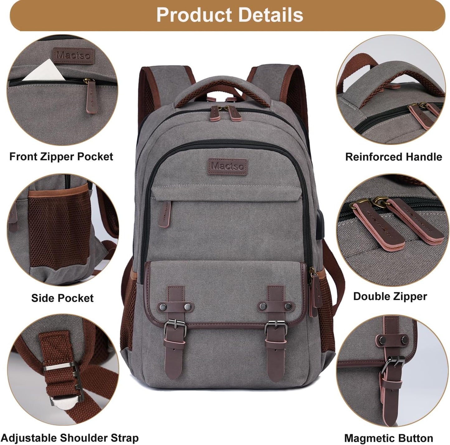 Mactso Canvas Travel Laptop Backpack for Men Women, Business Work Rucksack College School Computer Bag Fits 15.6 Inch Notebook,Bookbag with USB Charging Port (Grey, 15.6 Inch)