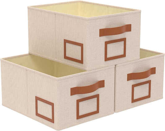 OUTBROS Foldable Storage Box for Shelves, 15.7 x 11.8 x 7.9 inch Fabric Baskets, Wardrobe Organiser with Handles, Suitable for Storing Clothes, Books, Cosmetics (Beige, 3-Pack)