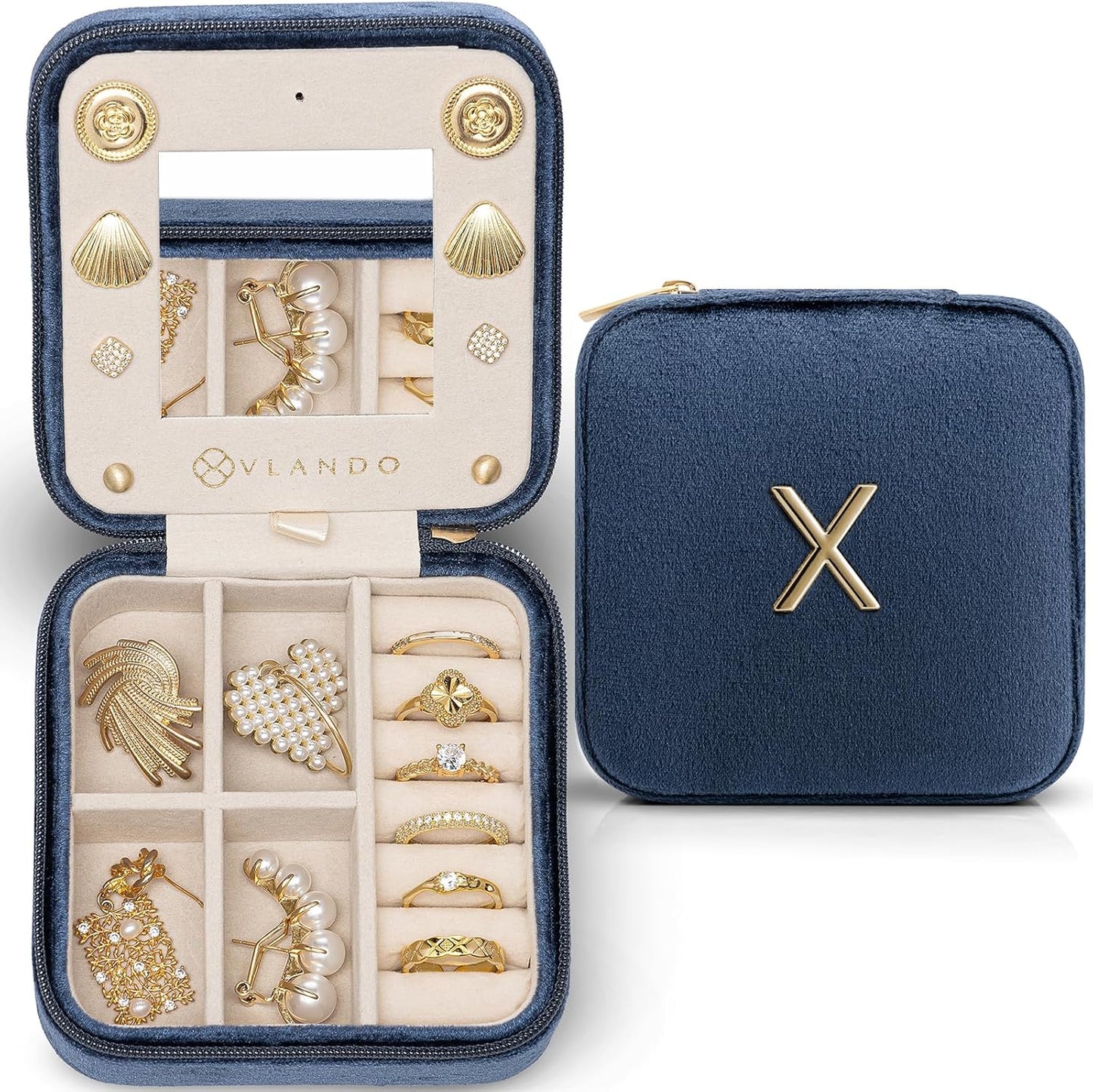 Vlando Travel Jewelry Case for Women Girls, X Initial Jewelry Box, Small Jewelry Box, Travel Jewelry Box for Women, Travel Jewelry Case, Travel Gifts for Women Girls - Letter X, Dark Blue