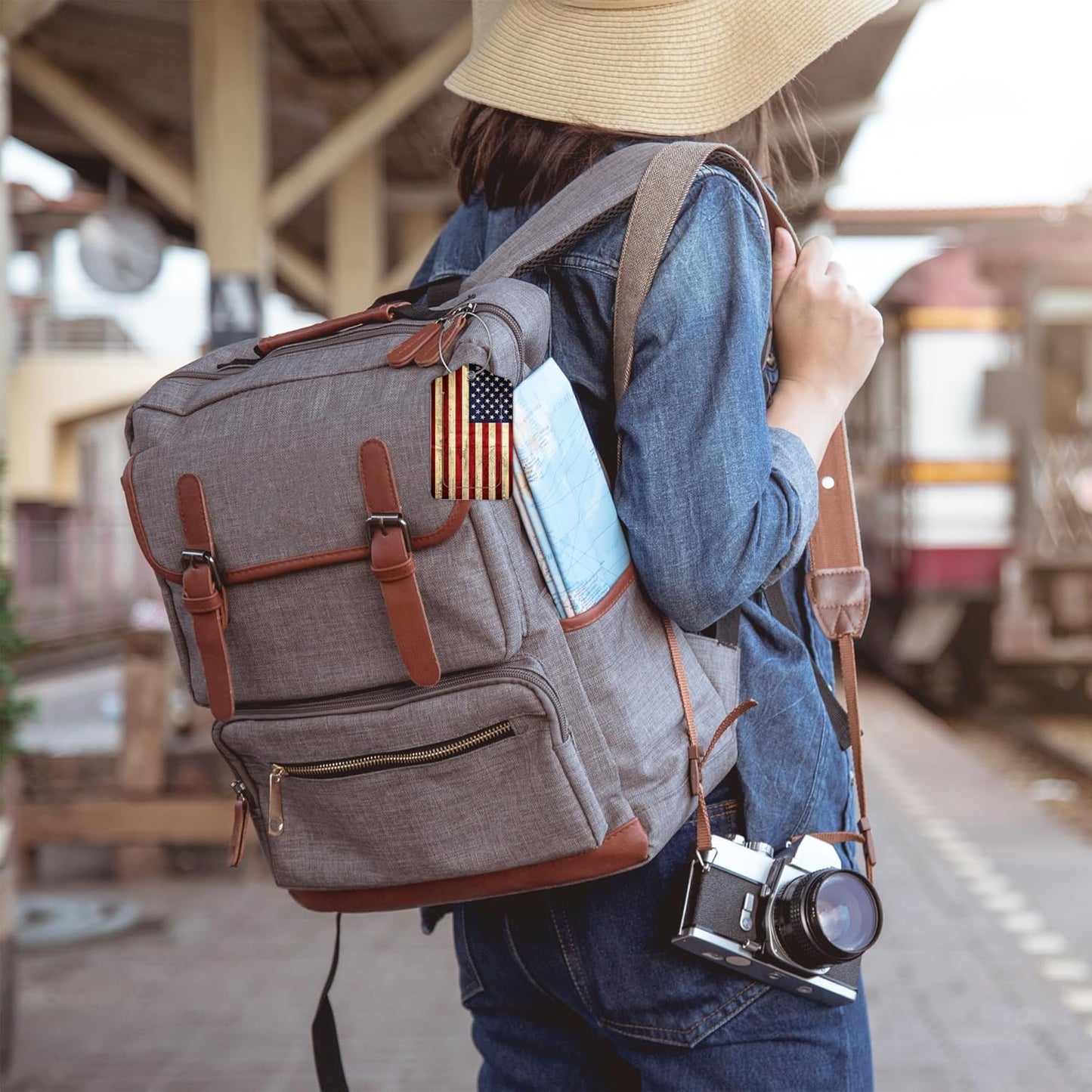 2 Pack American Flag Luggage Tags for Suitcases,USA Flag Leather Baggage Suitcases Tag Name ID Label Privacy Cover Travel Bag Tags for Women Men Boys Girls