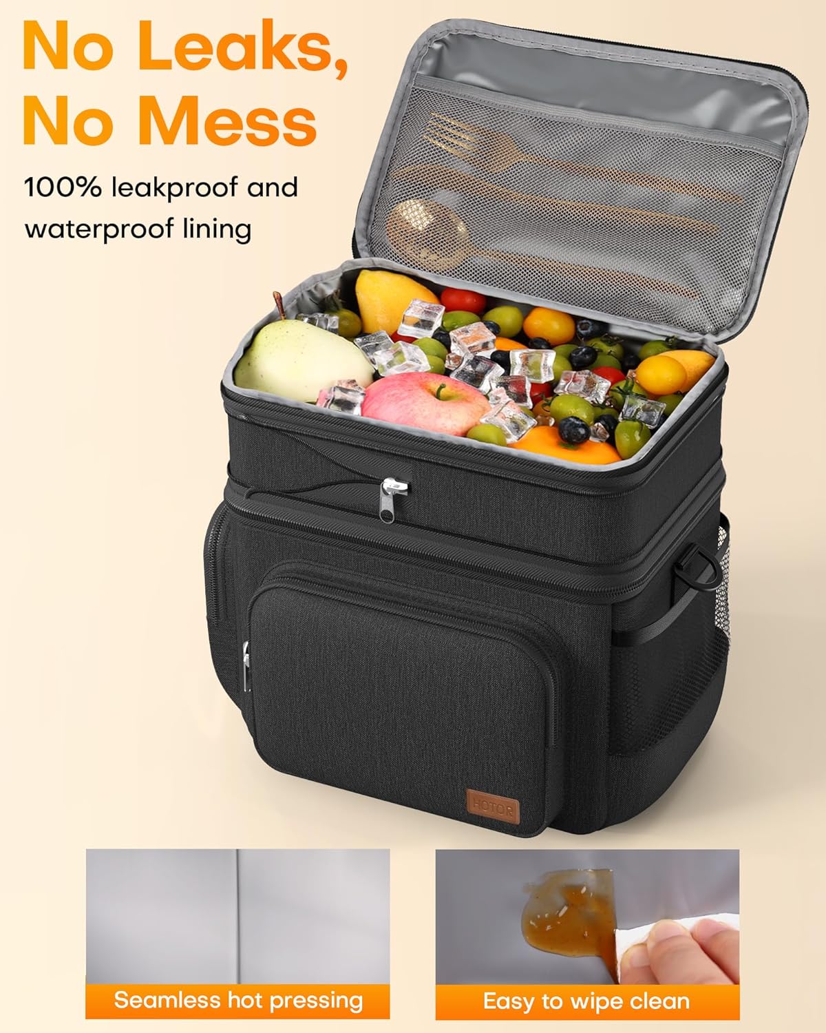 HOTOR Lunch Box for Men and Women - Leak-Proof Insulated Lunch Cooler Bag with Adjustable Strap, Multiple Pockets for Office, Picnic, Hiking, Beach, 2 Layer, 17L, Black, 12.2" x 7.9" x 10.6"