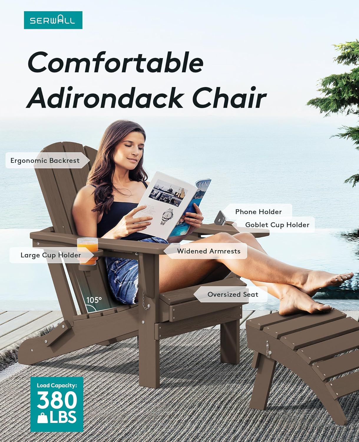 SERWALL Adirondack Chair with Cup Holders - Composite Adirondack Chairs Set of 4 HDPE Outdoor Chairs All Weather Use- Coffee
