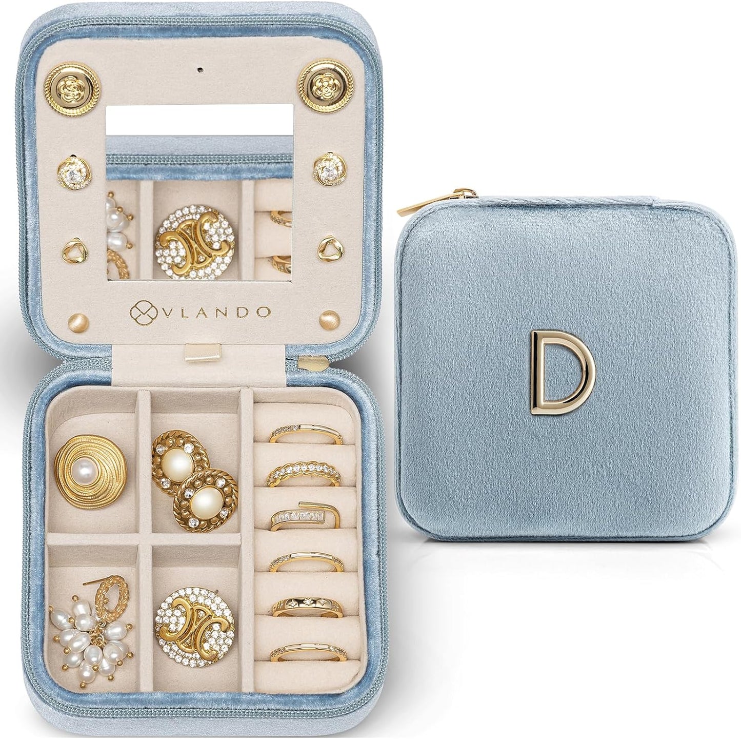 Vlando Wedding Gifts for Women, Jewelry Box, Bridal Shower Gifts, Bridesmaid Gifts for Wedding Day Bride Gifts, Personalized Jewelry Case - Letter D, Blue