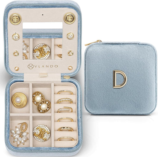 Vlando Wedding Gifts for Women, Jewelry Box, Bridal Shower Gifts, Bridesmaid Gifts for Wedding Day Bride Gifts, Personalized Jewelry Case - Letter D, Blue