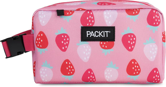 PackIt Freezable Snack Box, Sweet Strawberry, Built with ECOFREEZE Technology, Collapsible, Zip Closure with Buckle Handle, Designed For Work Snacks, Fresh Snacks On the Go, Adults, and All Ages