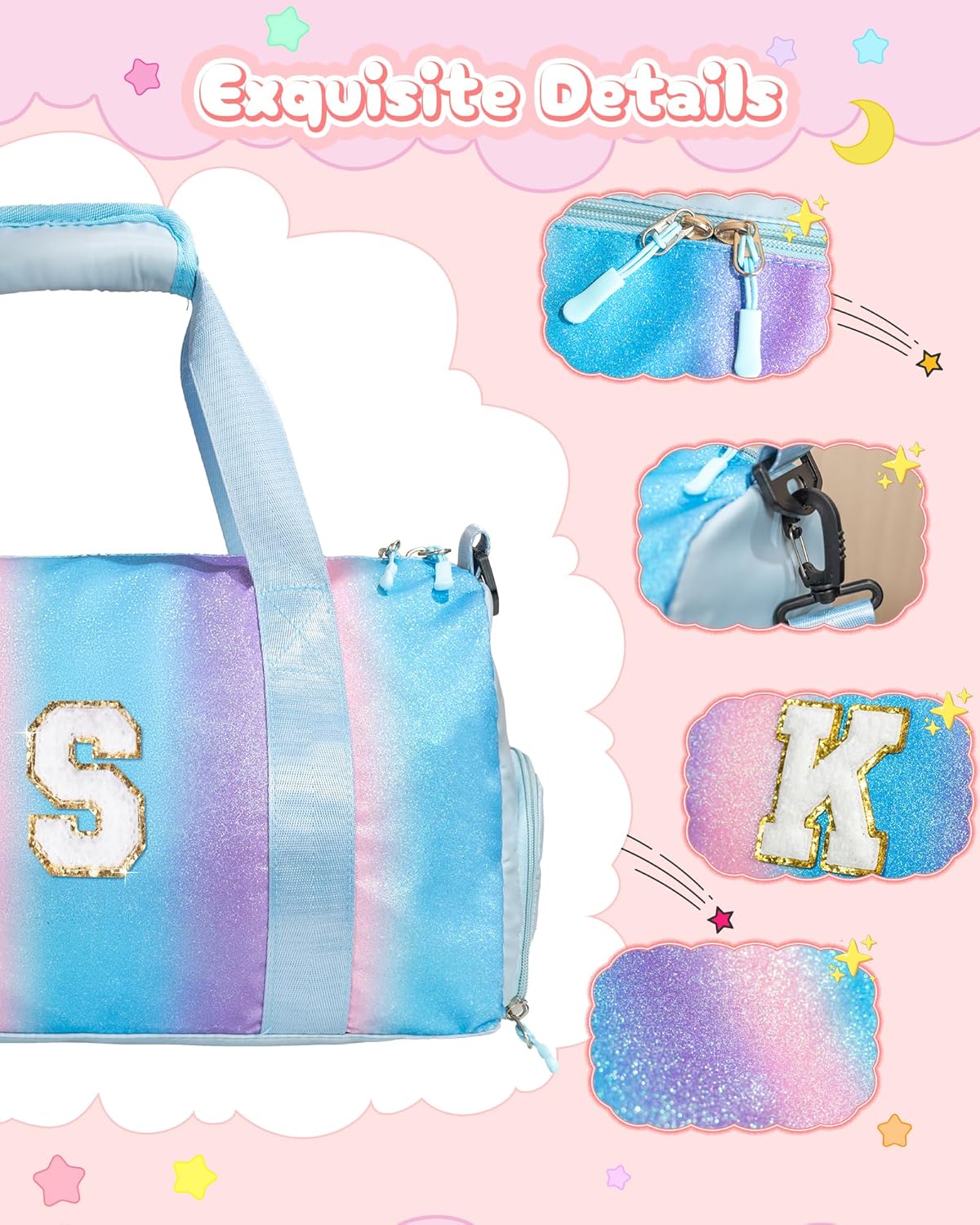Girls Day Gifts-Girl Gym Bag with Shoe Compartment, Kid Personalized Weekender Overnight Bags, Initial Travel Tote with Makeup Pouch, Gift Ideas for Niece Sister (Letter O)