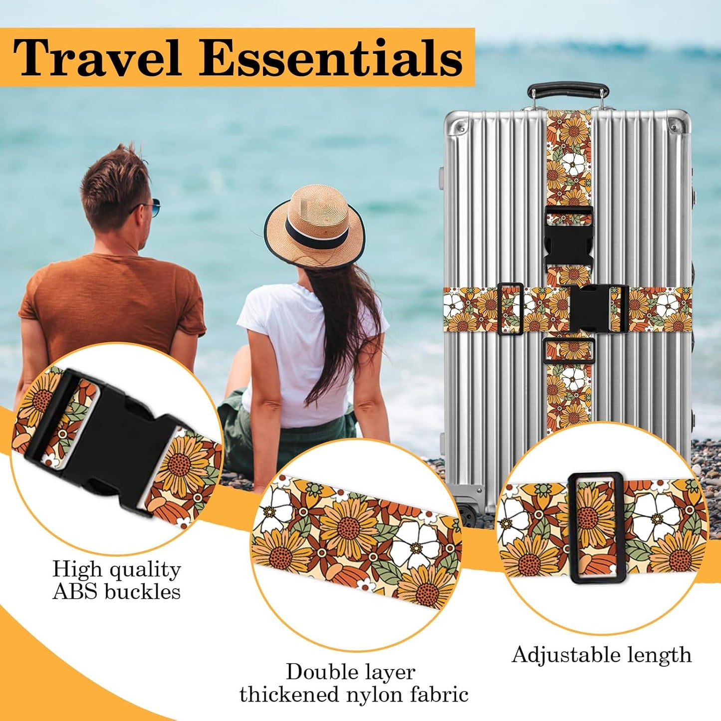 Yellow Daisy Luggage Straps for Suitcases TSA Approved, Luggage Identifiers for Suitcase, Adjustable Suitcase Strap for Baggage Security with Cute Patten, Travel Necessary Accessories (2Pack)