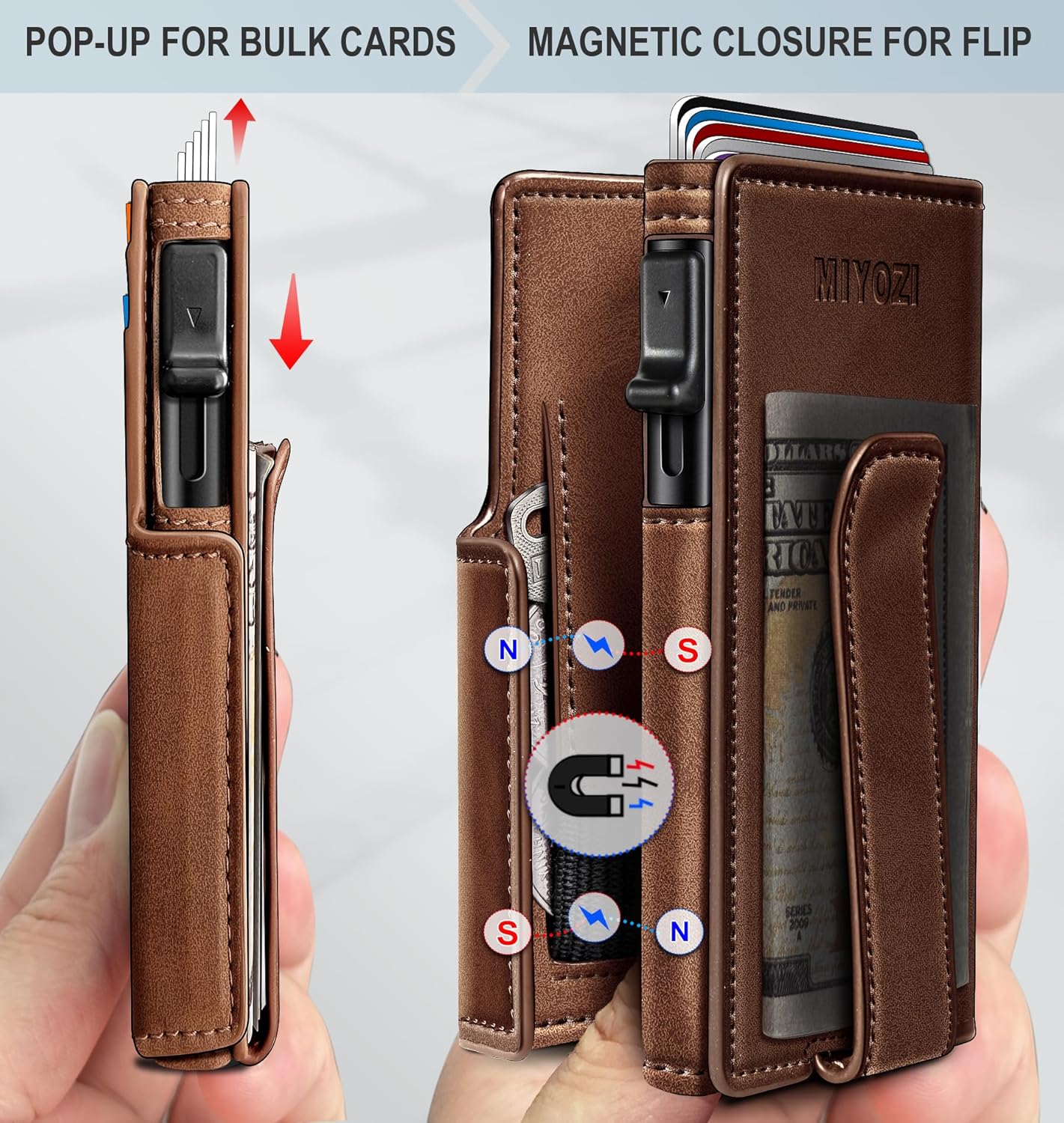 Wallet for Men with Money Clip Coins Pocket ID Window Gift Boxed,Slim Smart Front Pocket RFID Blocking Wallet Pop-up Card Holder in Magnetic Leather Flip 3.9"x 2.7"