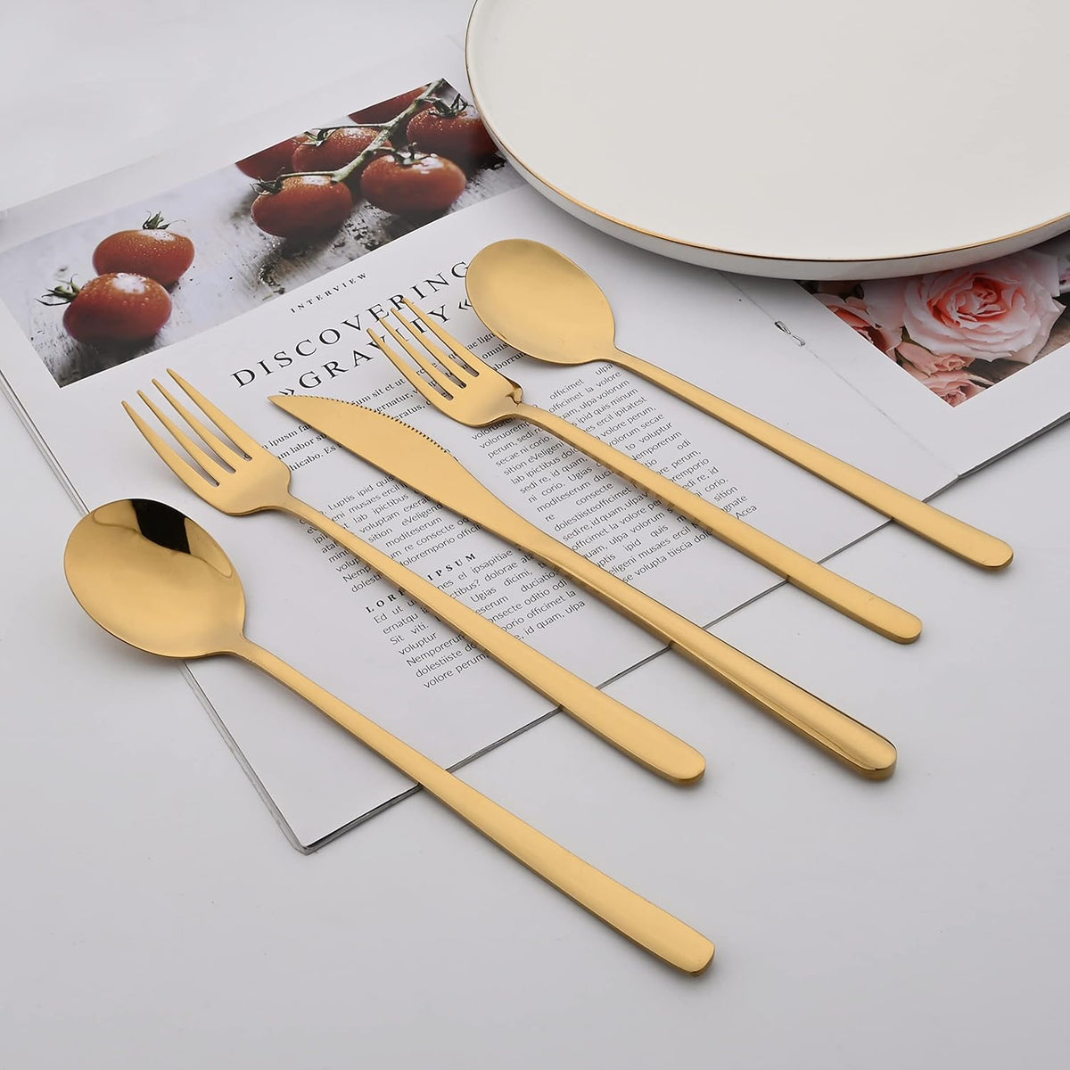 20 Pieces Silverware Set 304 Stainless Steel, Healthy & Eco-Friendly Silver Travel Mirror Polished Gold Knife Fork Spoon Salad Fork Dessert Spoon Flatware Set, Service for 4