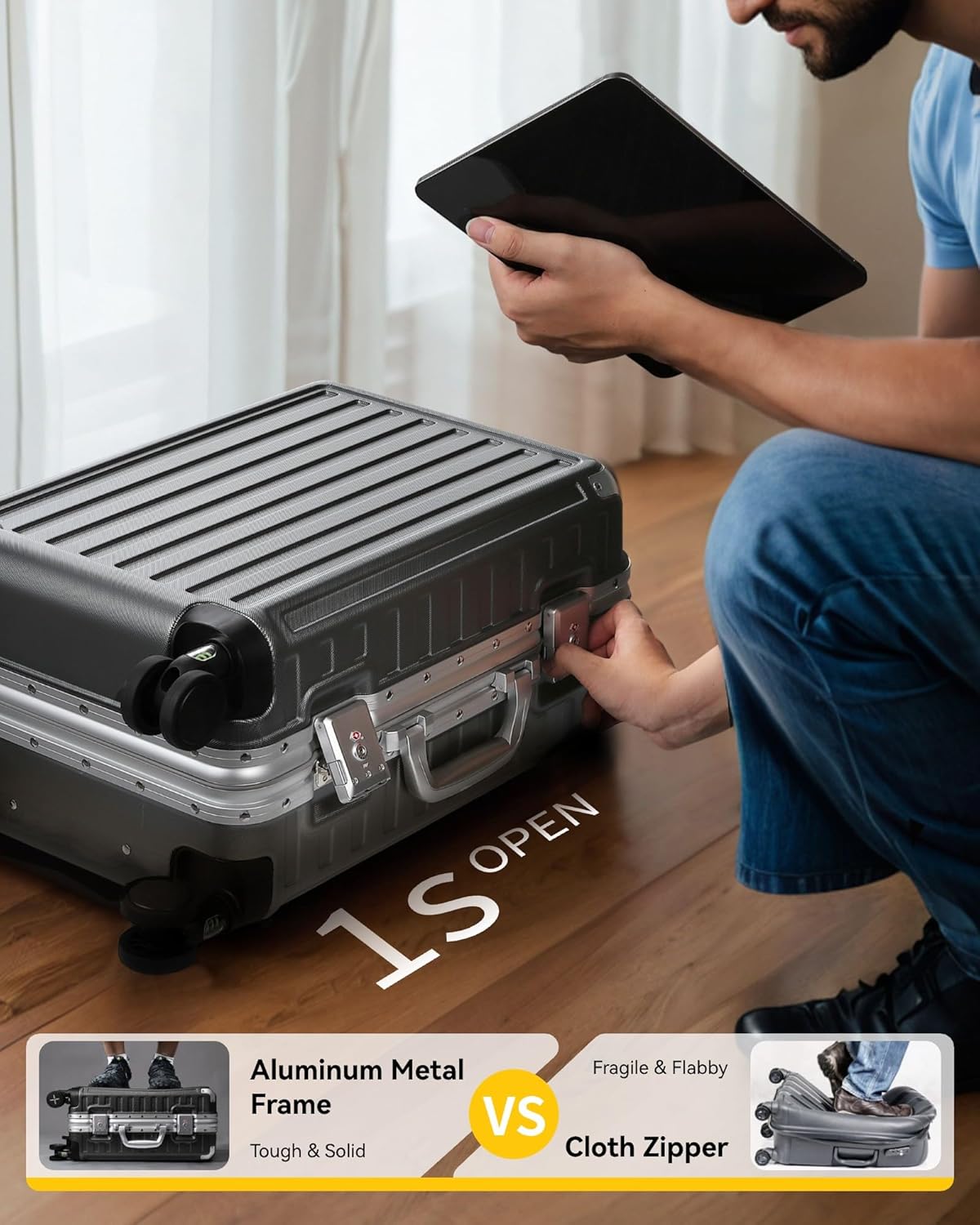 LUGGEX Carry On Luggage with Spinner Wheels, 20 Inch Aluminum Frame Zipperless Polycarbonate Hard Shell Suitcase, Silver