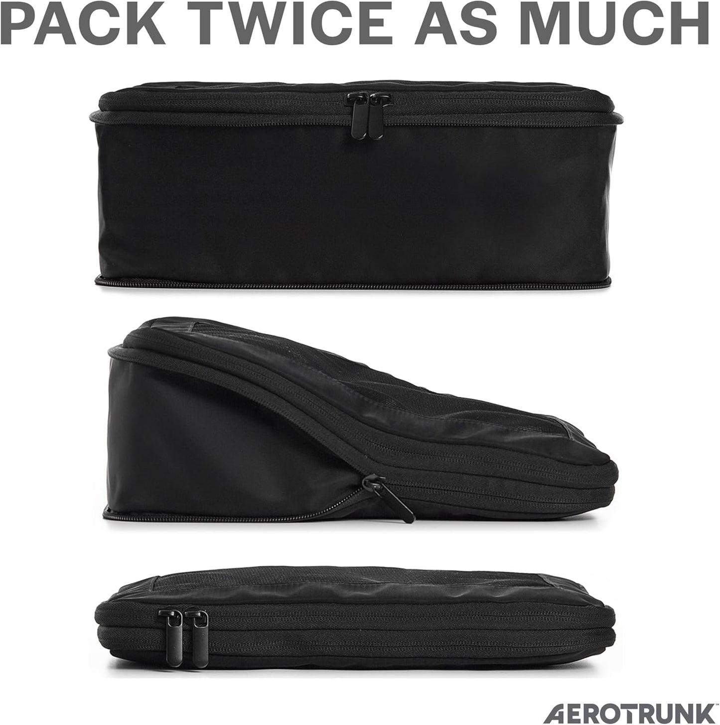 Aerotrunk Compression Packing Cubes for Travel - Luggage Organizer Bags - Double Zipper Packing Cubes for Suitcases (6-Pack, Black)