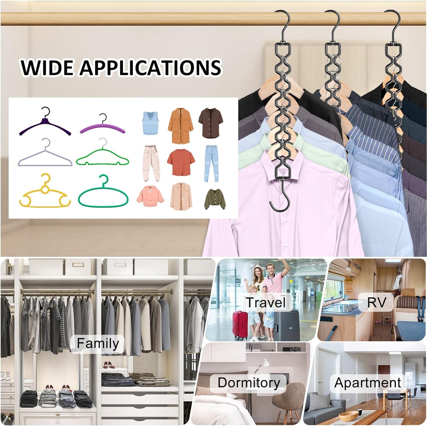 6 Pack Space Saving Hangers for Clothes, Heavy Duty 30Lbs Capacity Magic Clothes Space Saver Sturdy Metal Hanger Organizer with 360° Swivel Hook, Closet Organizers Storage Dorm Essentials Black