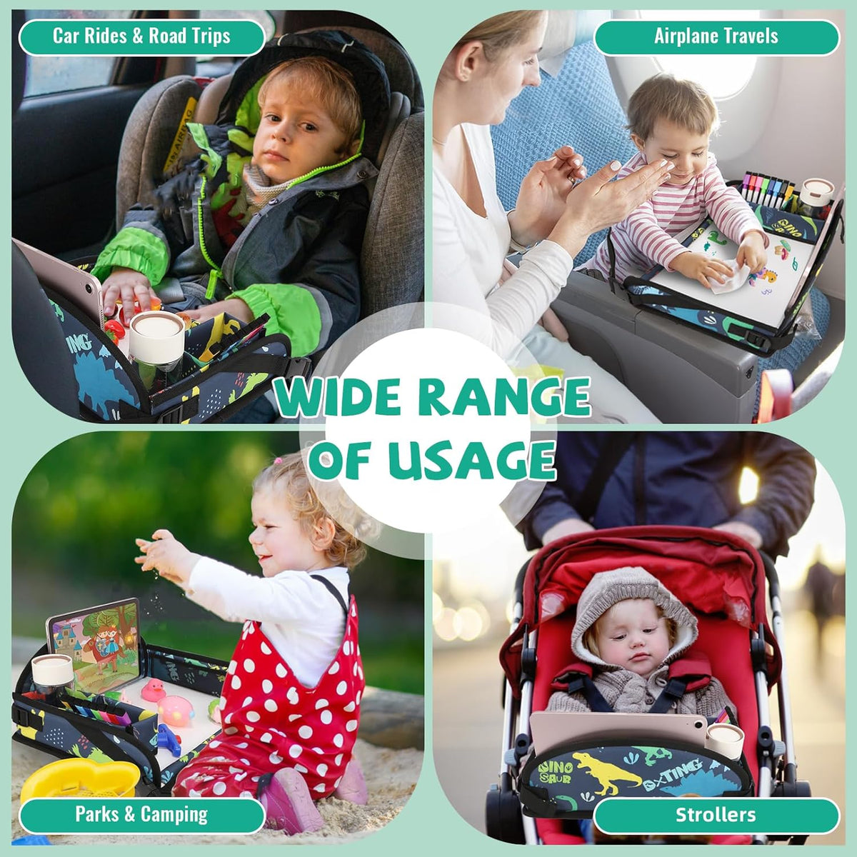 Kids Travel Tray for Airplane - Toddler Car Seat Table Tray, Road Trip Essentials for Boys & Girls, Carseat Lap Desk for Kids Road Trip Activities, Dinosaur