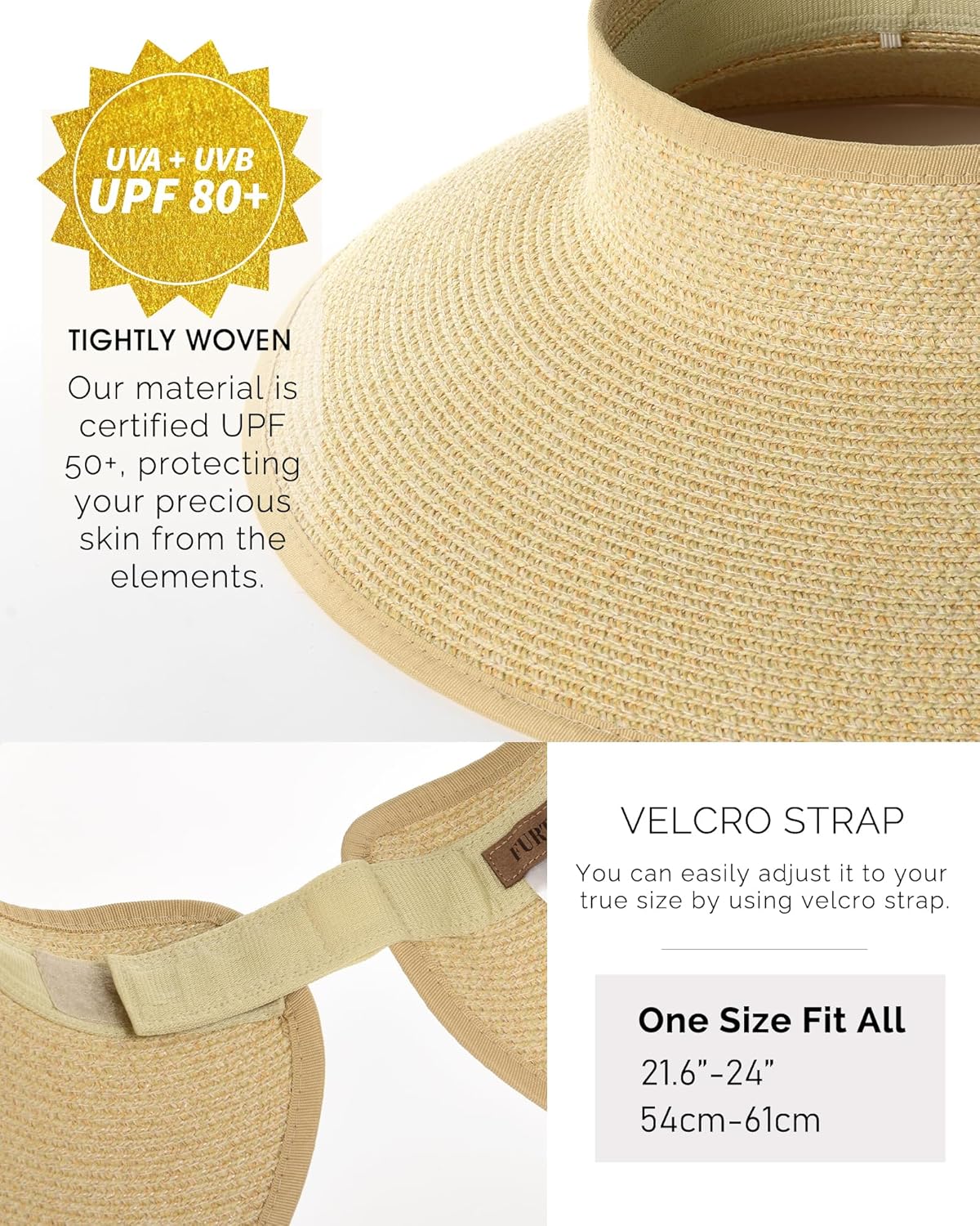 FURTALK Sun Hats for Women Wide Brim Beach Hat Straw Visor Ponytail Summer UV Packable Foldable Beach Vacation Essentials