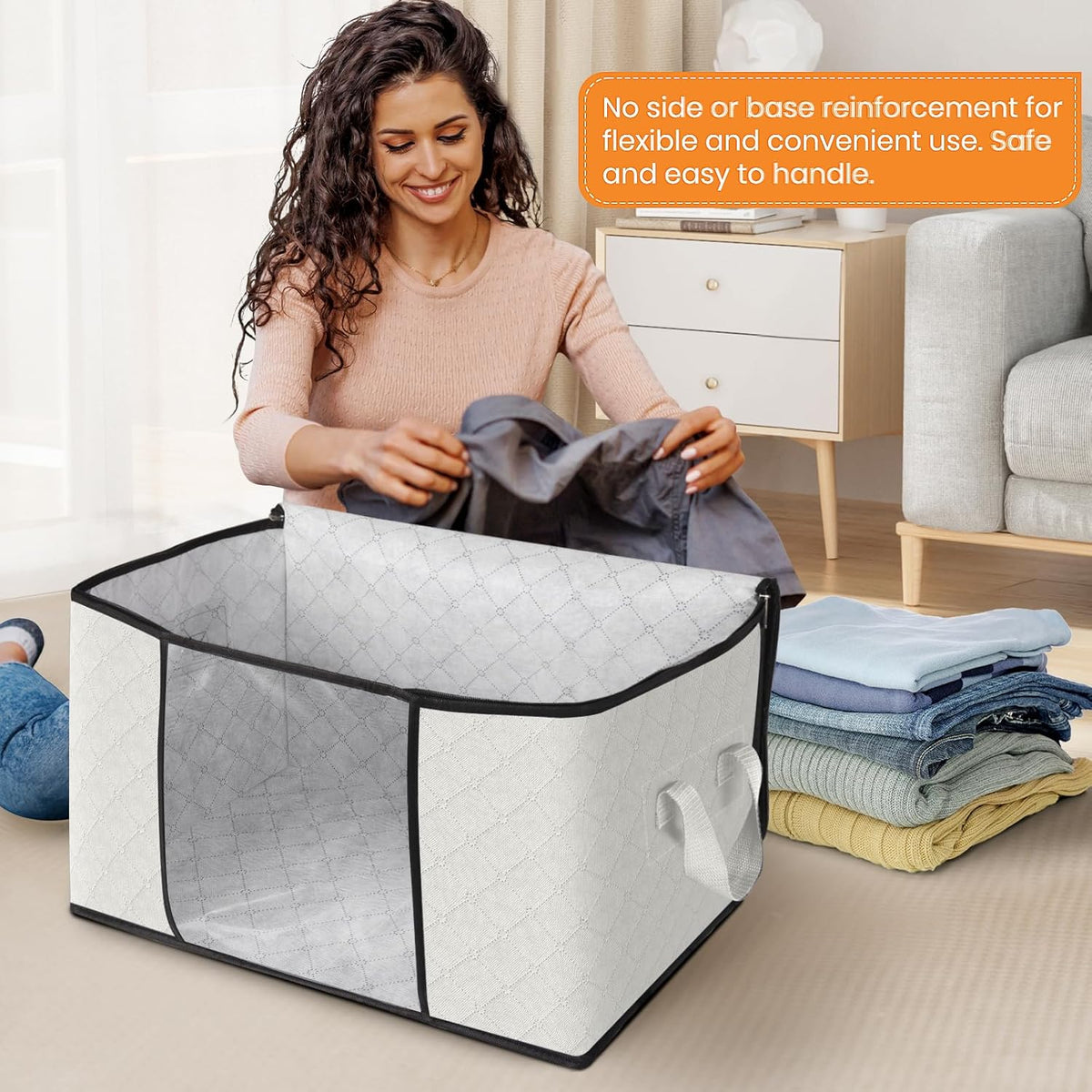 Fab totes 4 Pack Clothes Storage, Foldable Thick Fabric Blanket Storage Bags, Containers for Organizing Bedroom, Closet, Clothing, Comforter, Organization with Handle,Ivory White