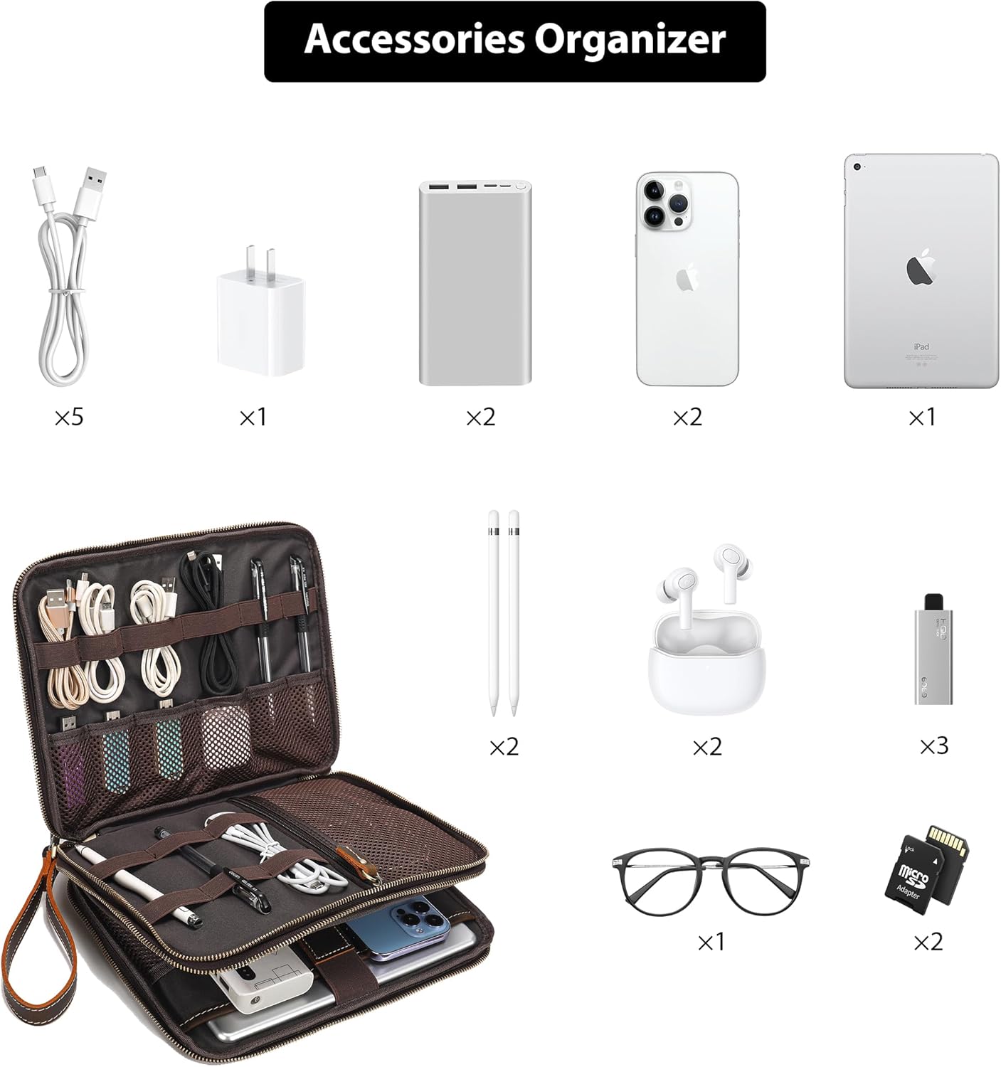 LANNSYNE Full Grain Leather Travel Cable Accessories Bag, Electronic Organizer Carry Case Double Layer Storage Case for Cables, Charger, Phone, Power Bank