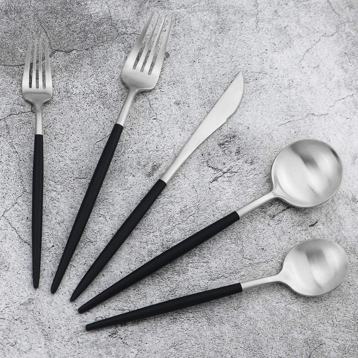 Gugrida Black Handle Matte Silver Silverware Set - 5-Piece 18/10 Stainless Steel Satin Finish Flatware, Kitchen Utensils, Tableware Travel Cutlery for Camping Office Lunch - Dishwasher Safe