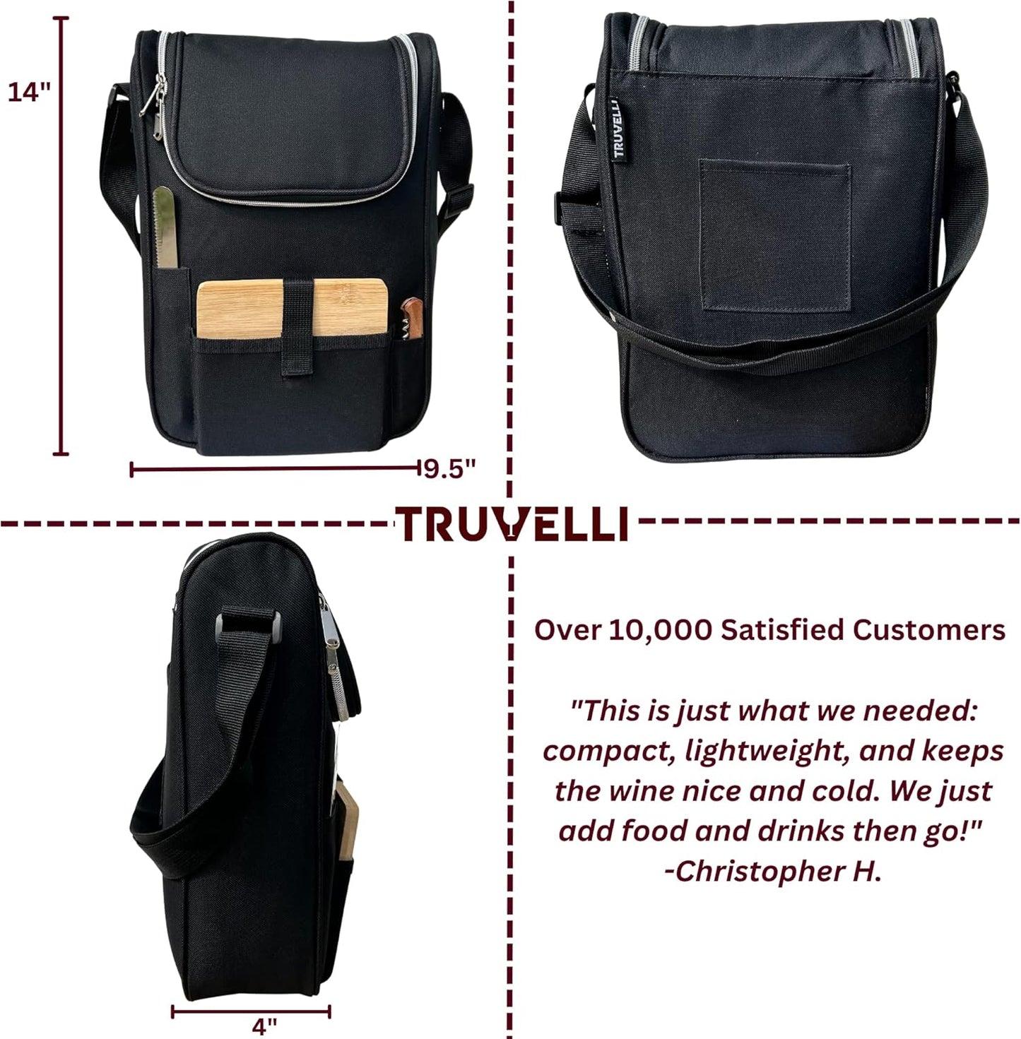 Truvelli Black Insulated Wine Tote Bag: Portable 2 Bottle Cheese Waterproof Black Canvas Carrier Picnic Kit - Stopper Attachment, Plus Wooden Charcuterie Board